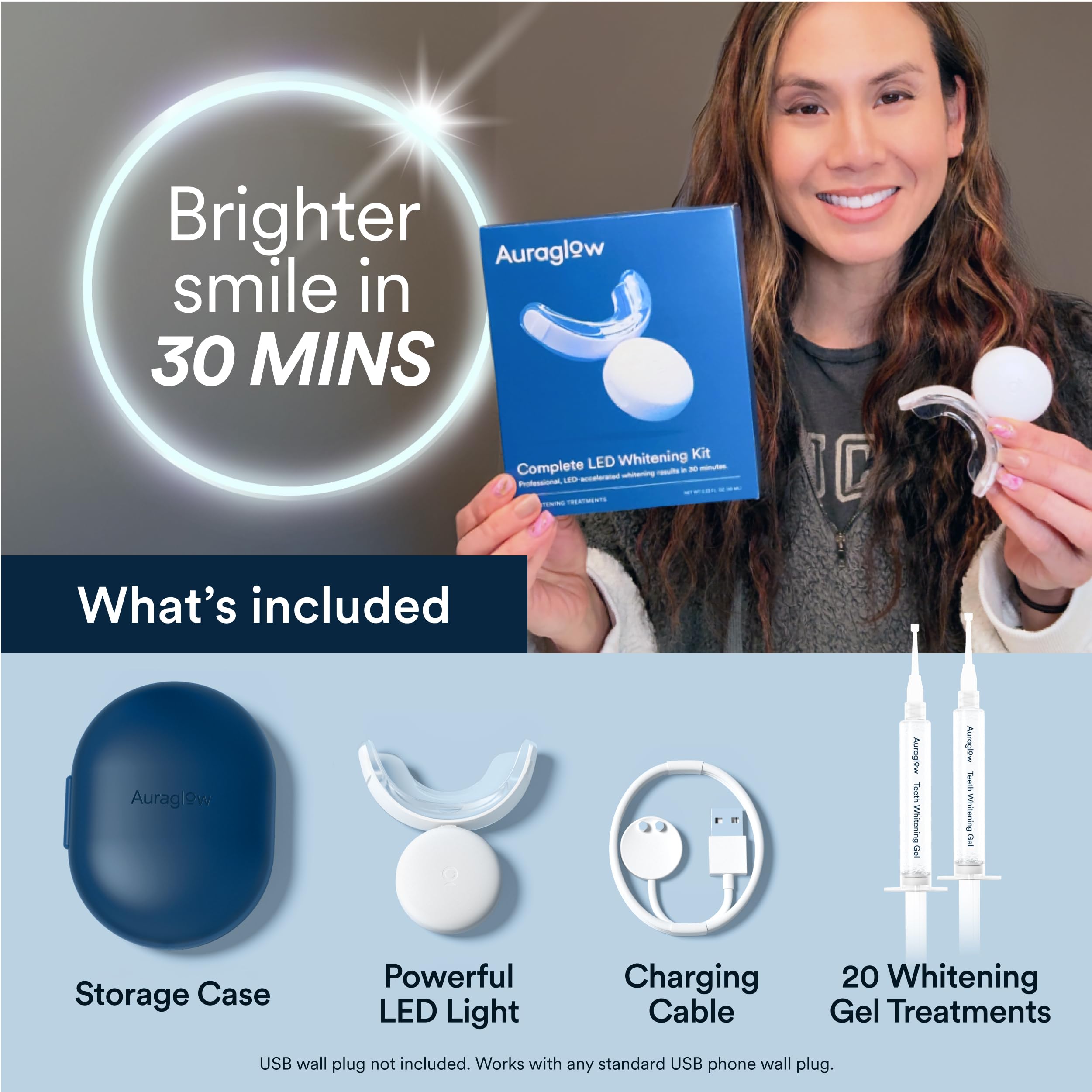 AURAGLOW Teeth Whitening Kit with LED light and 35% carbamide peroxide gel, showing the whitening gel syringes and LED light device.