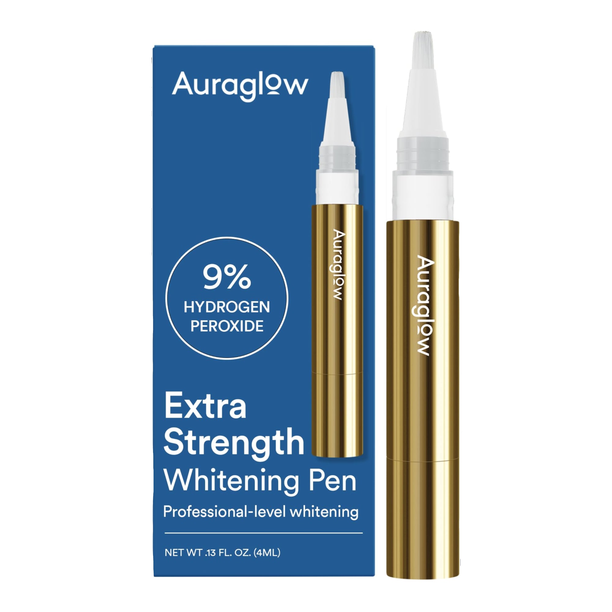 Auraglow whitening pen with 9% hydrogen peroxide for teeth whitening, shown with the pen and packaging.