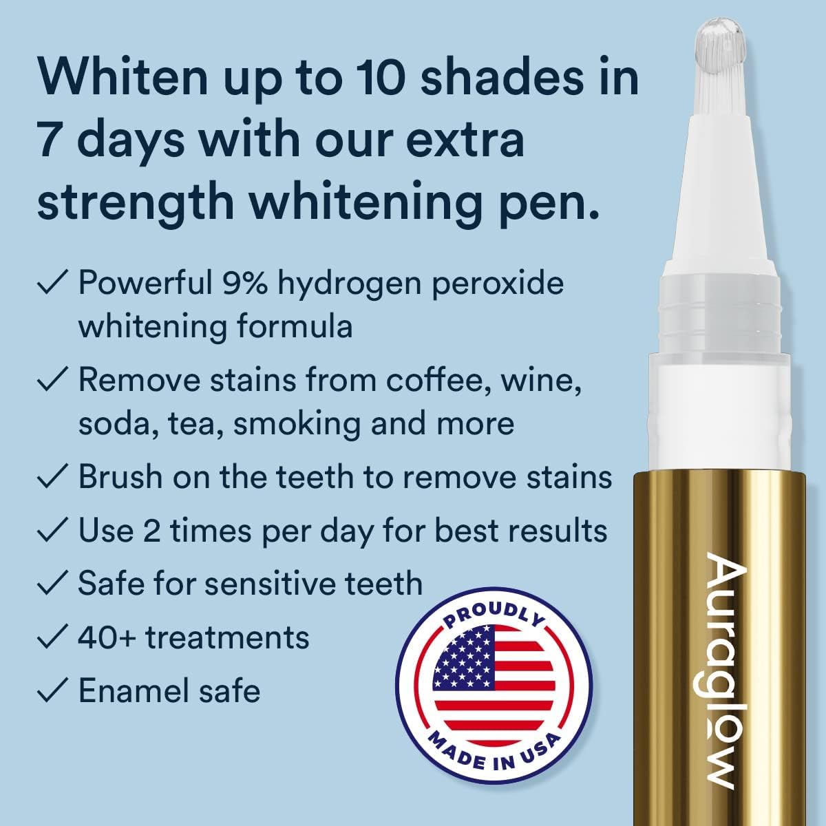 AURAGLOW Whitening Pen 9% Hydrogen Peroxide for teeth whitening, featuring a sleek white pen with a clear cap and a compact design.