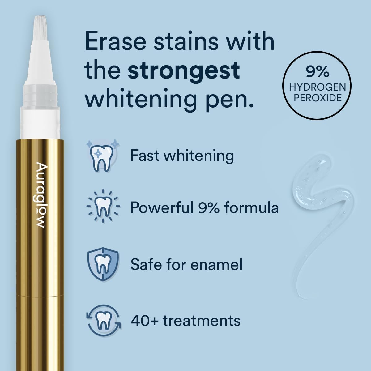 AURAGLOW Whitening Pen 9% Hydrogen Peroxide, a teeth whitening tooth whitener with 40 treatments in sleek pen packaging.