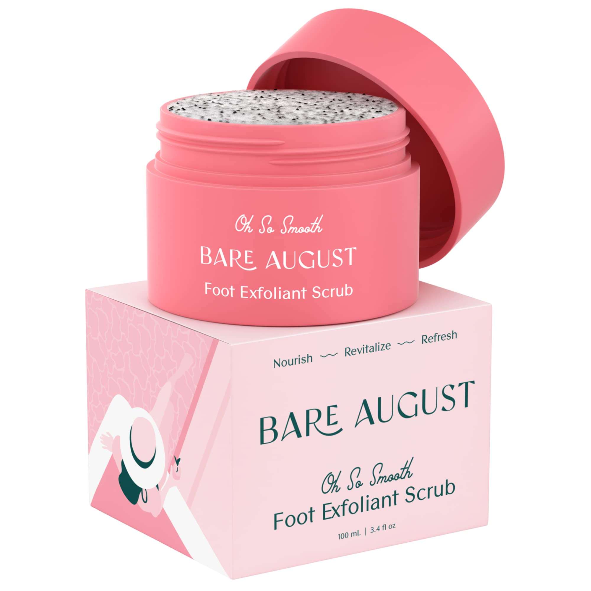 Bare August foot scrub natural exfoliant for soft feet, 3.4oz, showing the product container and textured scrub surface.
