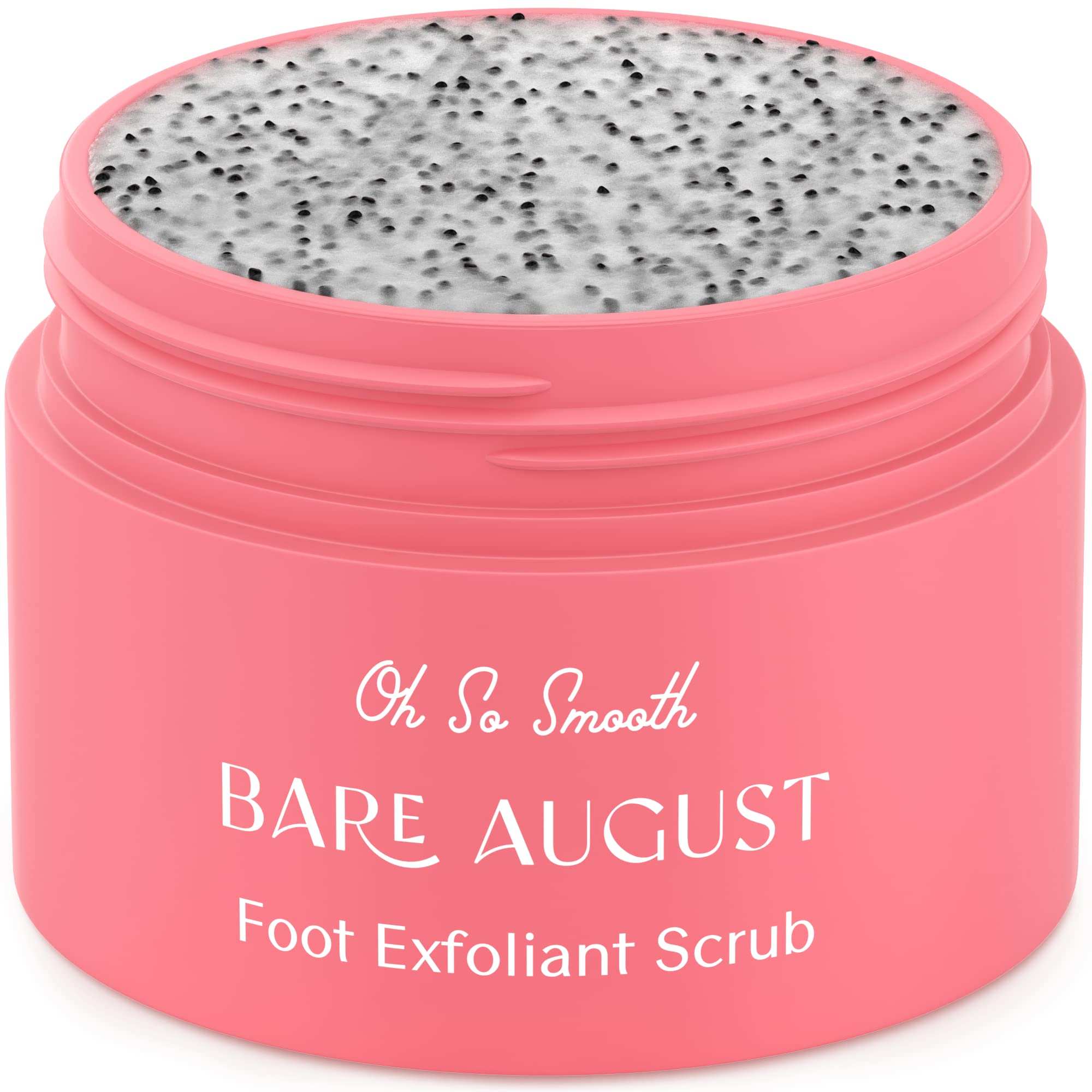 Bare August Foot Scrub natural exfoliant for soft feet, 3.4oz, showing the jar and textured scrub surface.