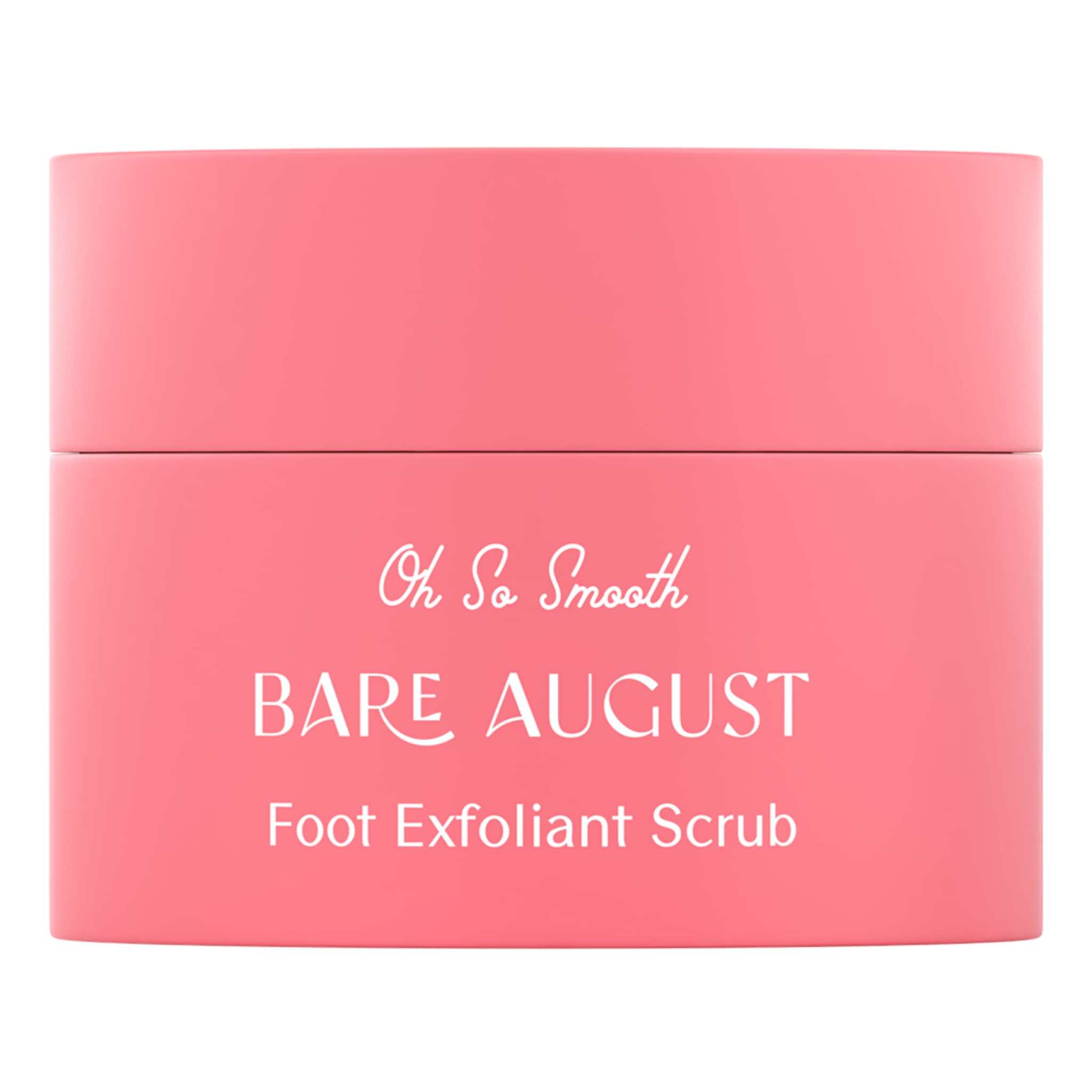 Bare August Foot Scrub natural exfoliant for soft feet, 3.4oz, showing the exfoliating texture and product container.