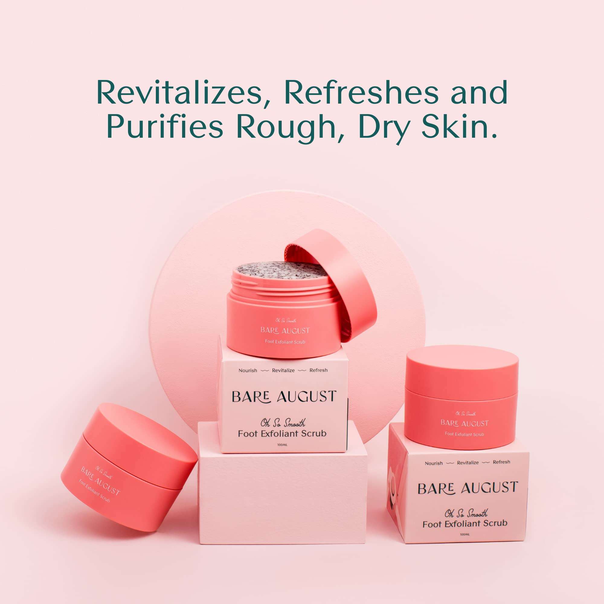 Bare August Foot Scrub natural exfoliant for soft feet, 3.4oz, showing the exfoliating texture and packaging.