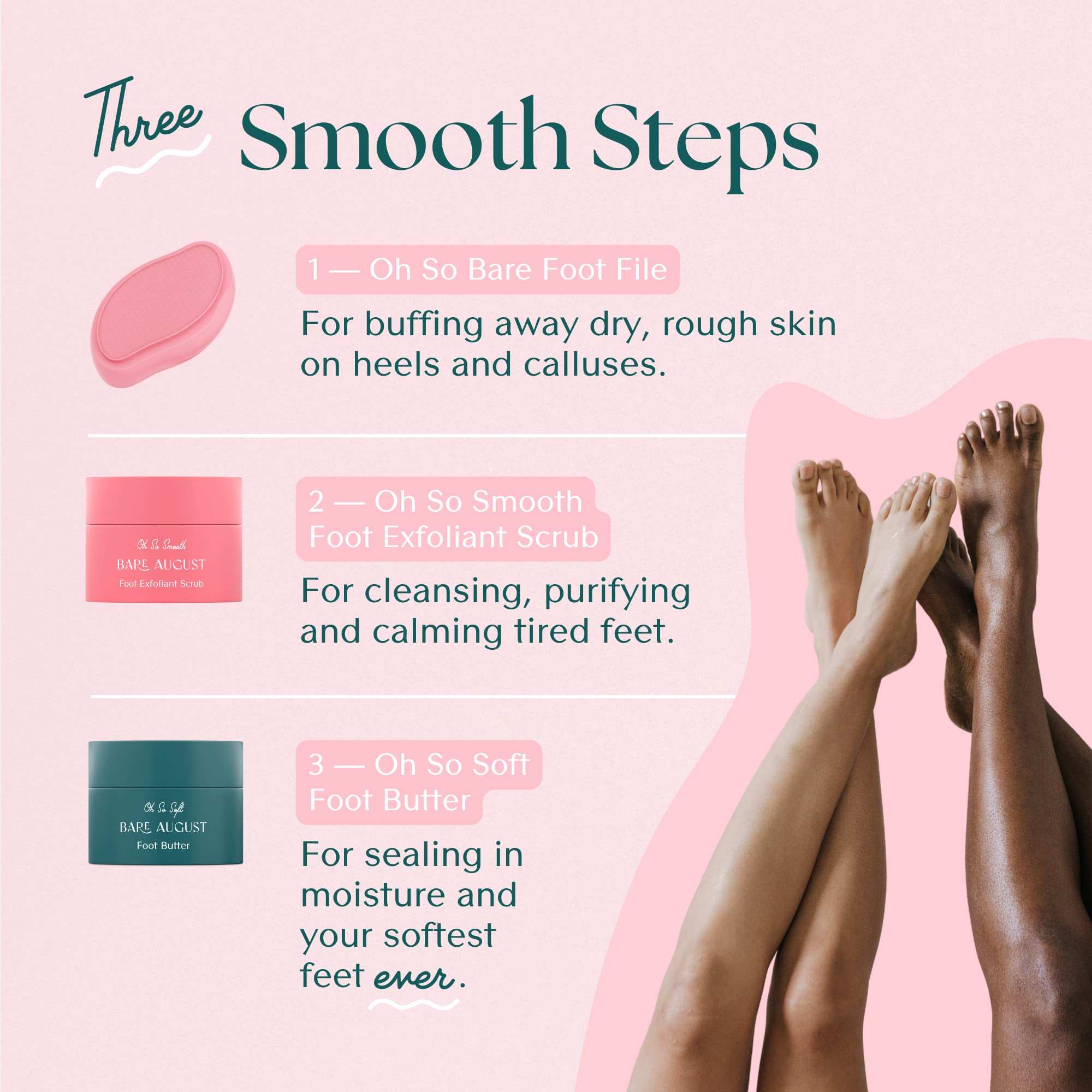 Bare August Foot Scrub natural exfoliant for soft feet, 3.4oz, showing the exfoliating scrub texture on feet.
