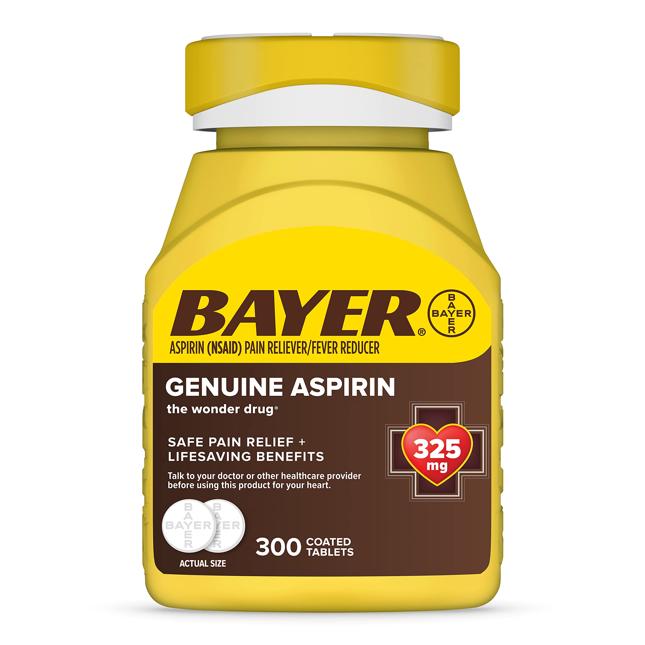 Bayer Genuine Aspirin 325mg coated tablets in a bottle, 300 count, for pain relief and anti-inflammatory purposes.