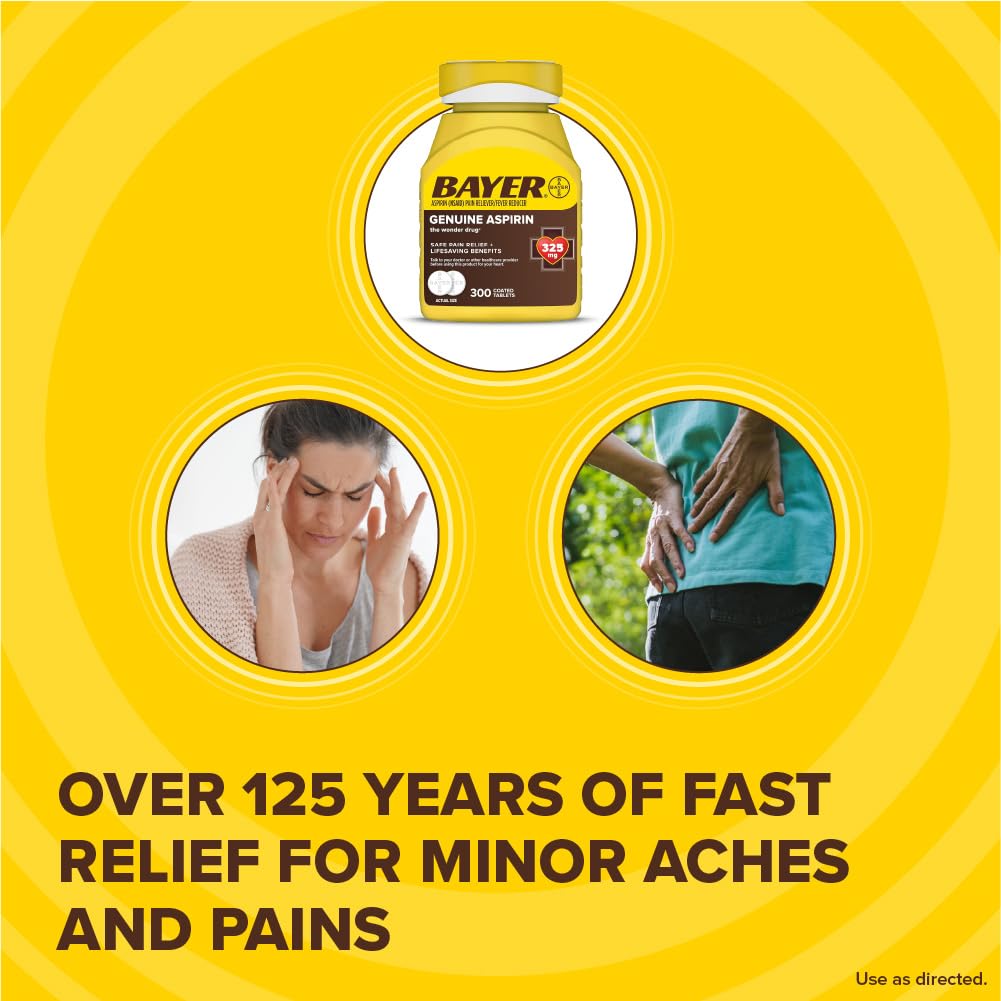 Bayer Genuine Aspirin 325mg coated tablets in a bottle, 300 count, for pain relief and cardiovascular health.