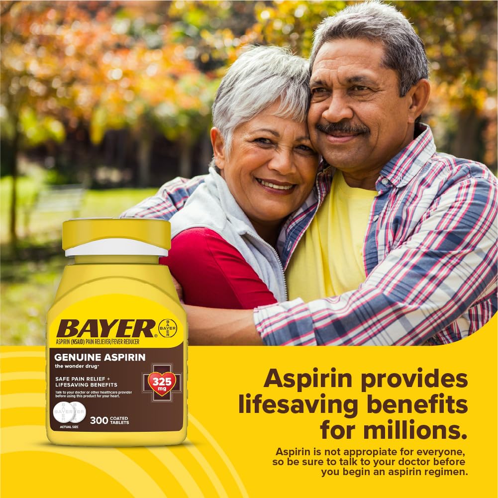 Bayer Genuine Aspirin 325mg coated tablets, 300 count, showing the medication bottle with label and tablets inside.