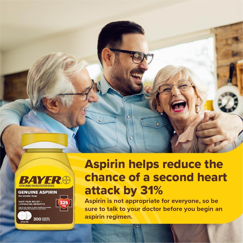 Bayer Genuine Aspirin 325mg coated tablets in a bottle, 300 count, showing the medication and packaging.
