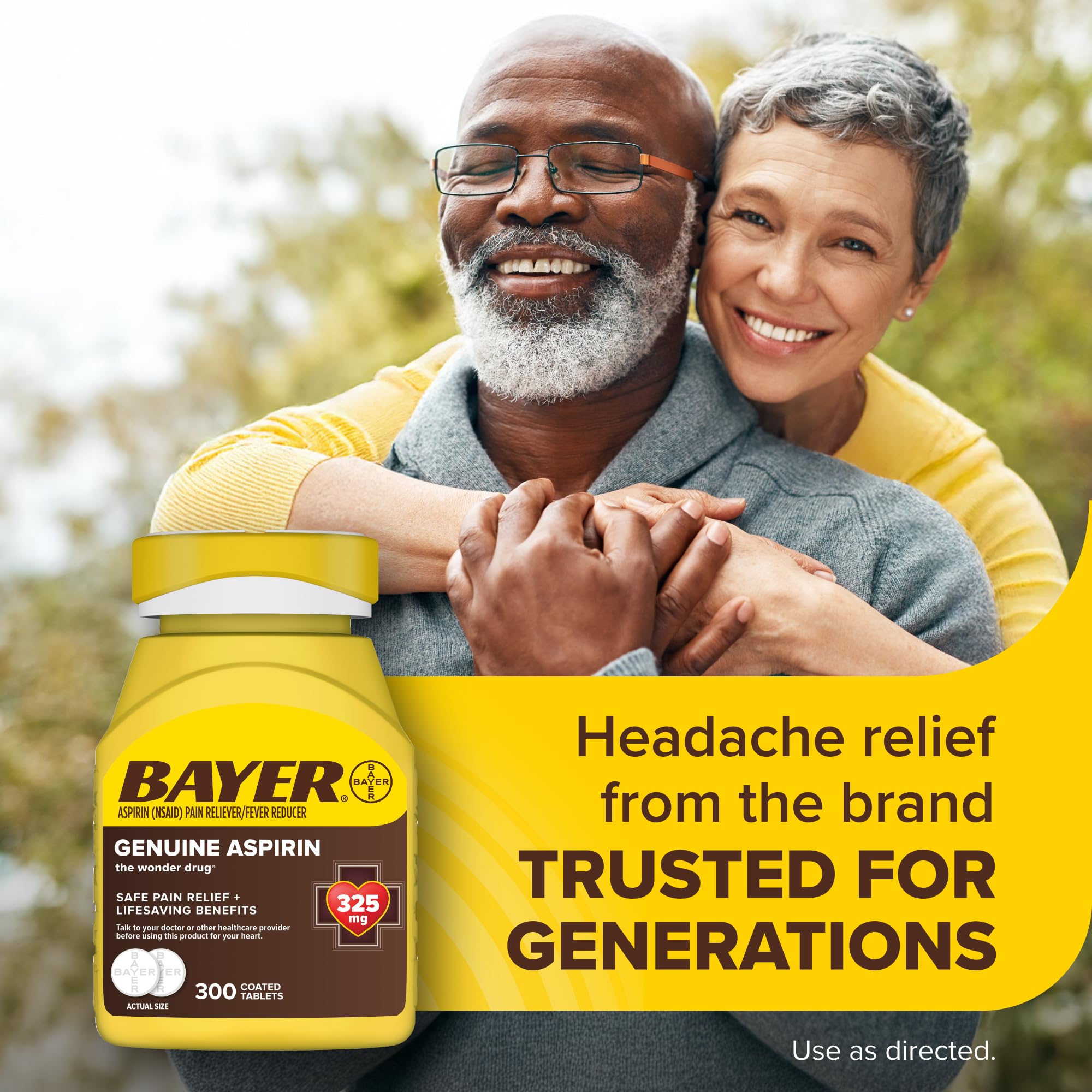 Bayer Genuine Aspirin 325mg coated tablets in a bottle, medication for pain relief, 300 count.