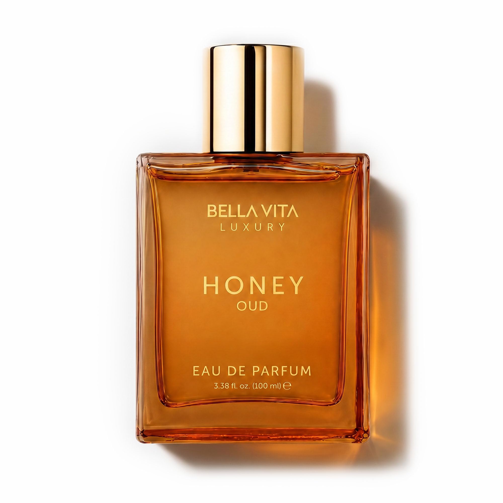 Bella Vita Luxury Honey Oud EDP 100ml personal fragrance bottle for men and women with elegant gold accents.
