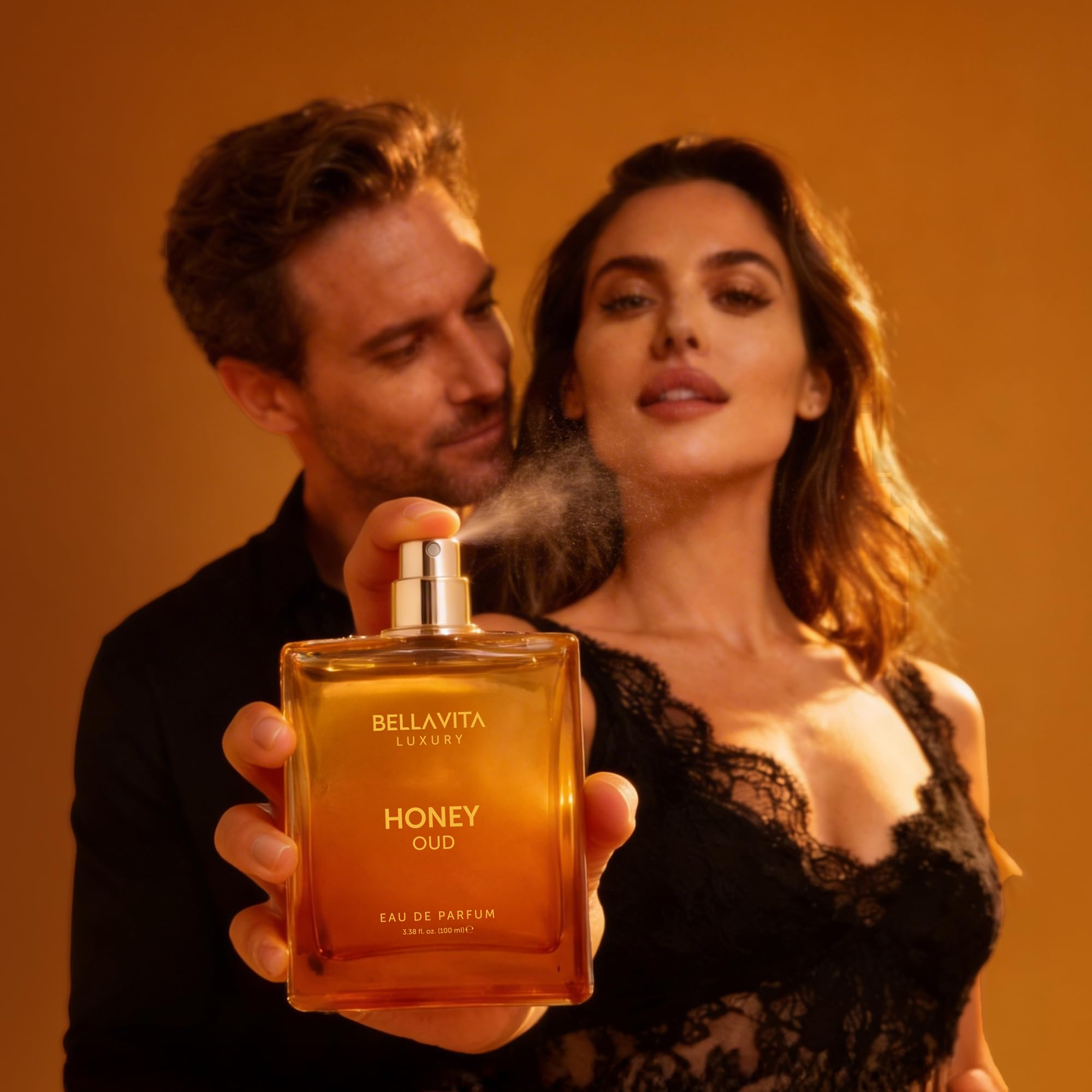 Bella Vita Luxury Honey Oud EDP 100ml personal fragrance bottle for men and women with elegant gold accents.