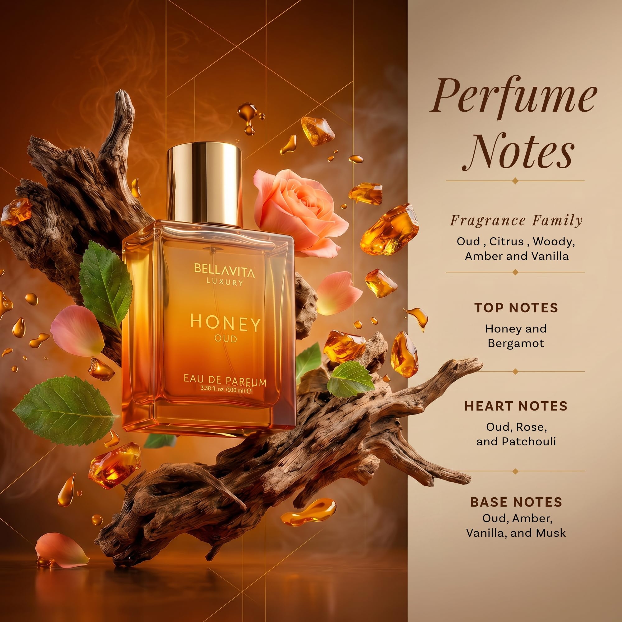 Bell Vita Luxury Honey Oud EDP 100ml personal fragrance bottle for men and women, showcasing elegant packaging and luxurious design.