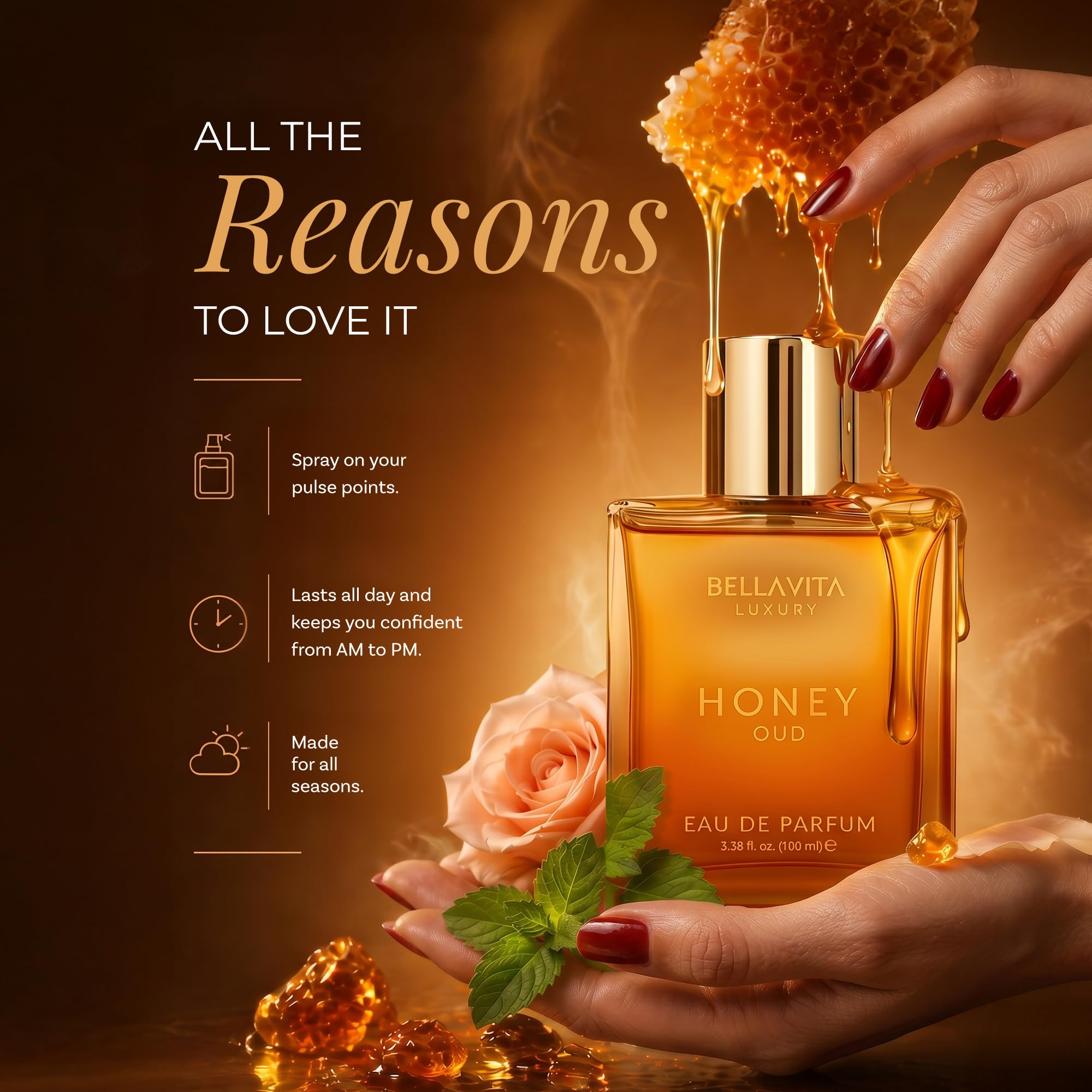 Bella Vita Luxury Honey Oud EDP 100ml personal fragrance bottle for men and women, elegant design and luxurious scent.