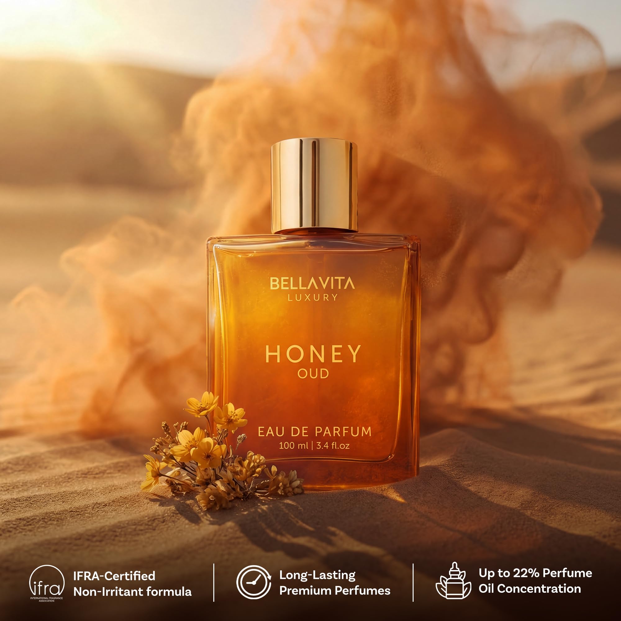 Bella Vita Luxury Honey Oud EDP 100ml personal fragrance bottle for men and women with gold accents.