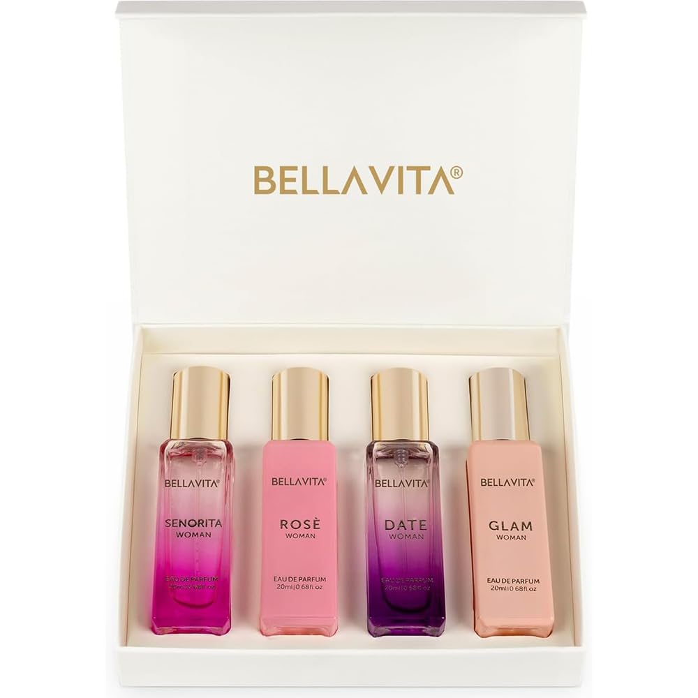 Bella Vita Luxury women's perfume gift set with four 20ml bottles of personal fragrance and elegant packaging.