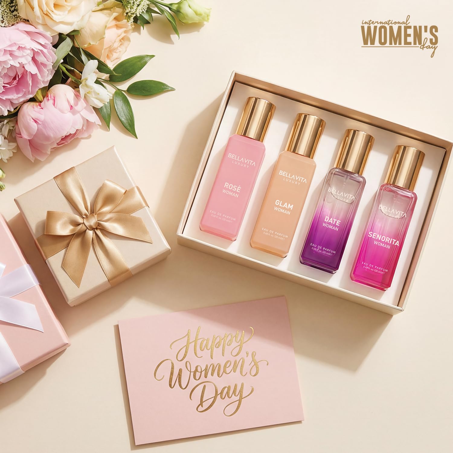 Bella Vita Luxury women's perfume gift set with four 20ml bottles of personal fragrance, elegant and suitable for gifting.