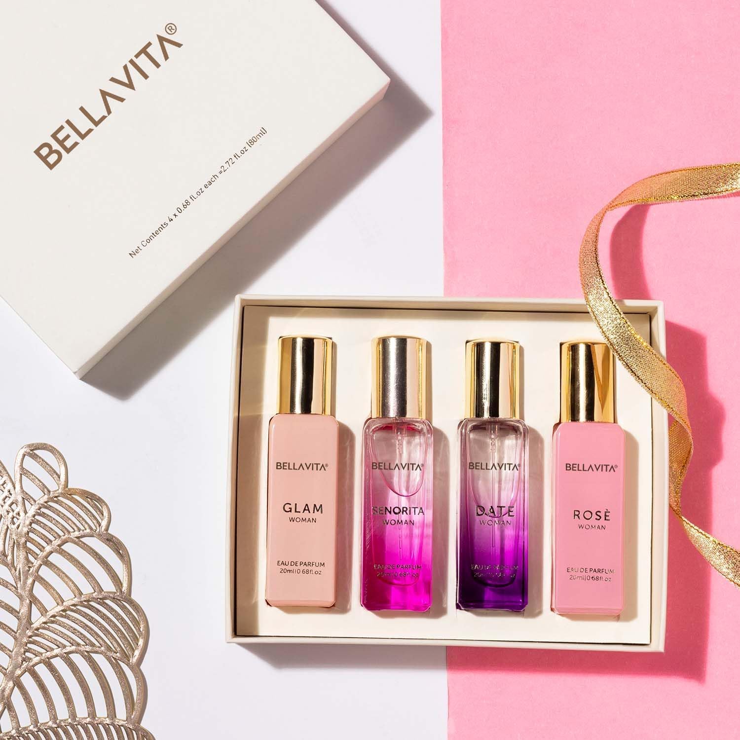 Bella Vita Luxury women's perfume gift set with four 20ml bottles, elegant personal fragrance collection.