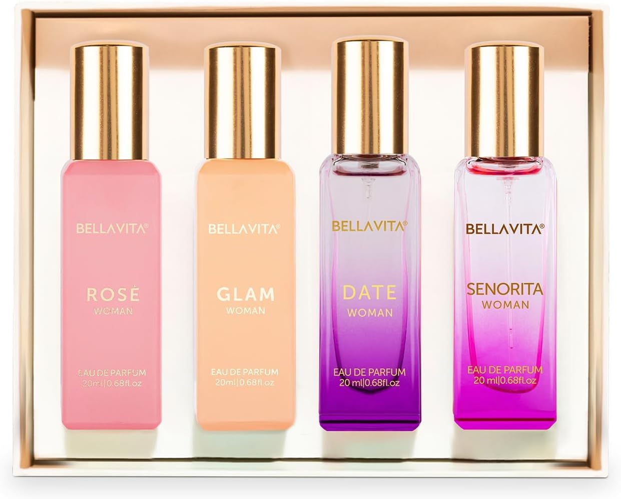 Bella Vita Luxury Women's Perfume Gift Set with four 20ml bottles of personal fragrance, elegant and suitable for gifting.
