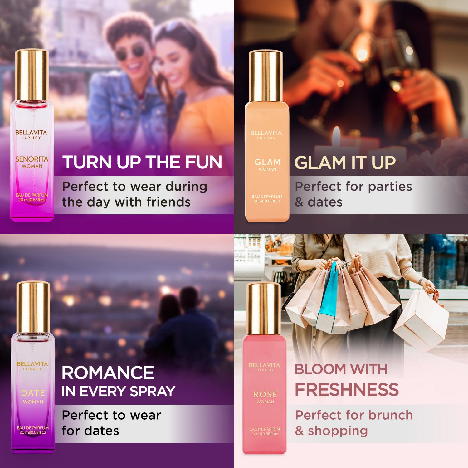 Bella Vita Luxury women's perfume gift set with four 20ml bottles, featuring elegant personal fragrance packaging.