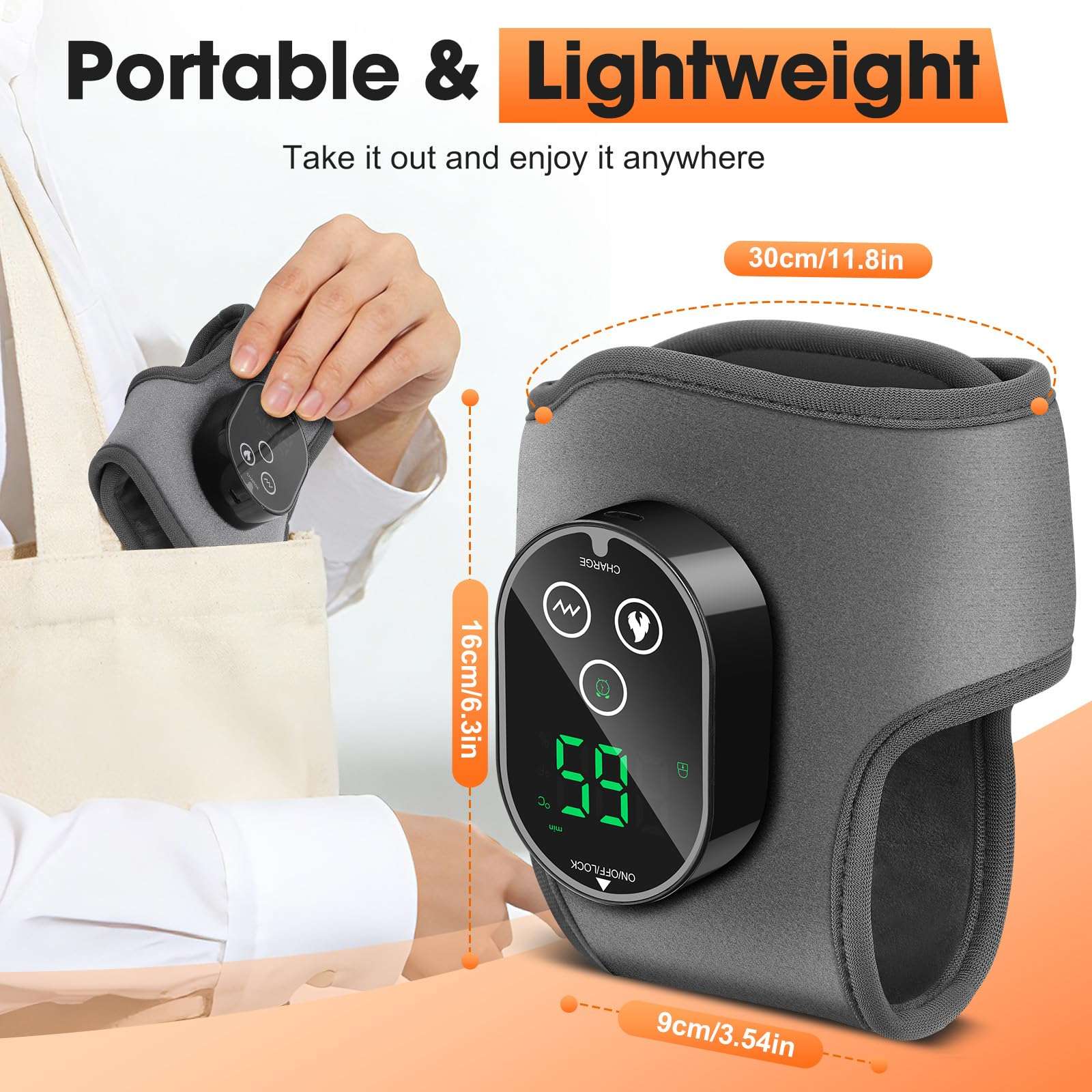 BETOLEAN foot massager with heat and vibration for relief, showing the device on a user's feet with control buttons visible.