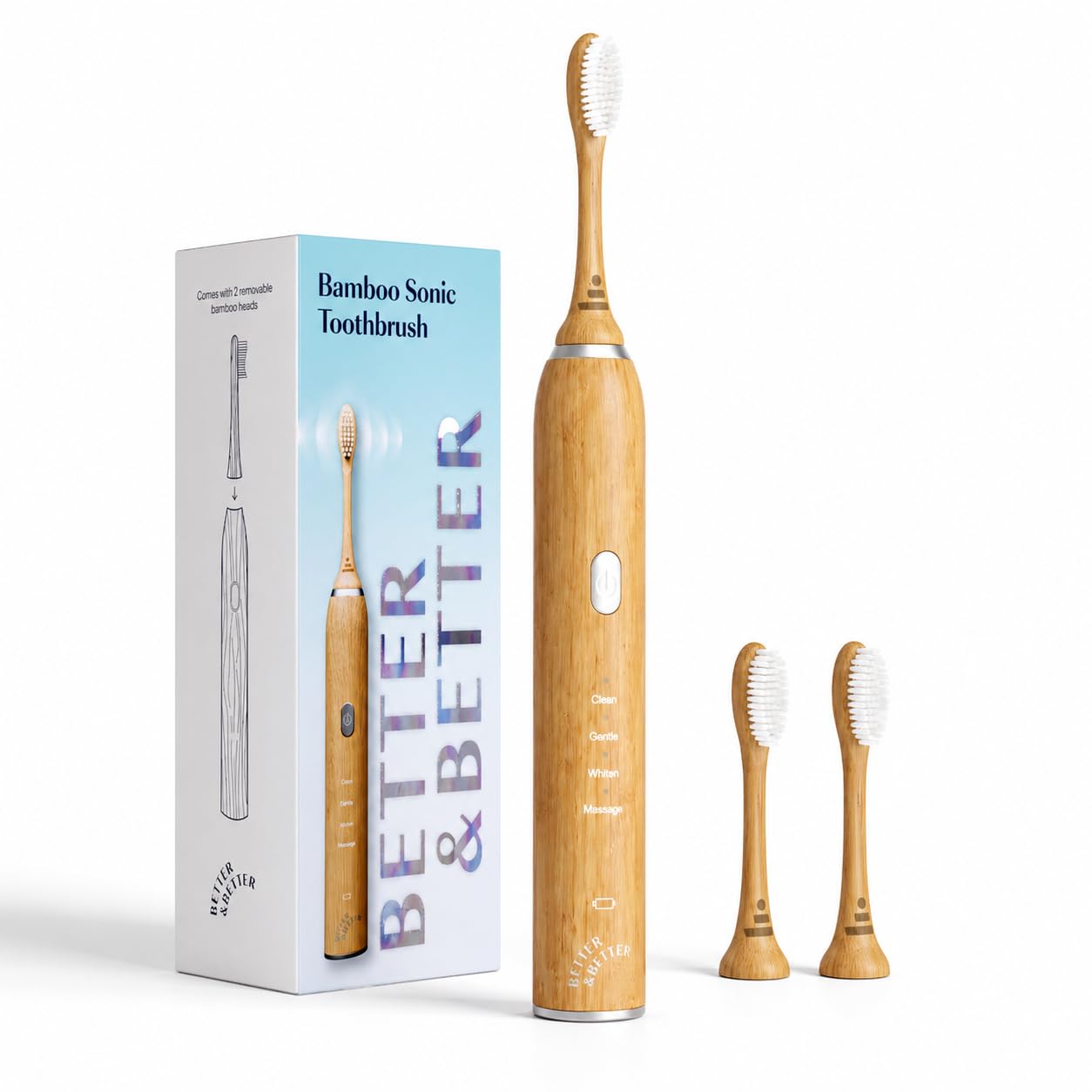 Better & Better Bamboo Sonic Electric Toothbrush showing the sleek bamboo handle and electric brush head.