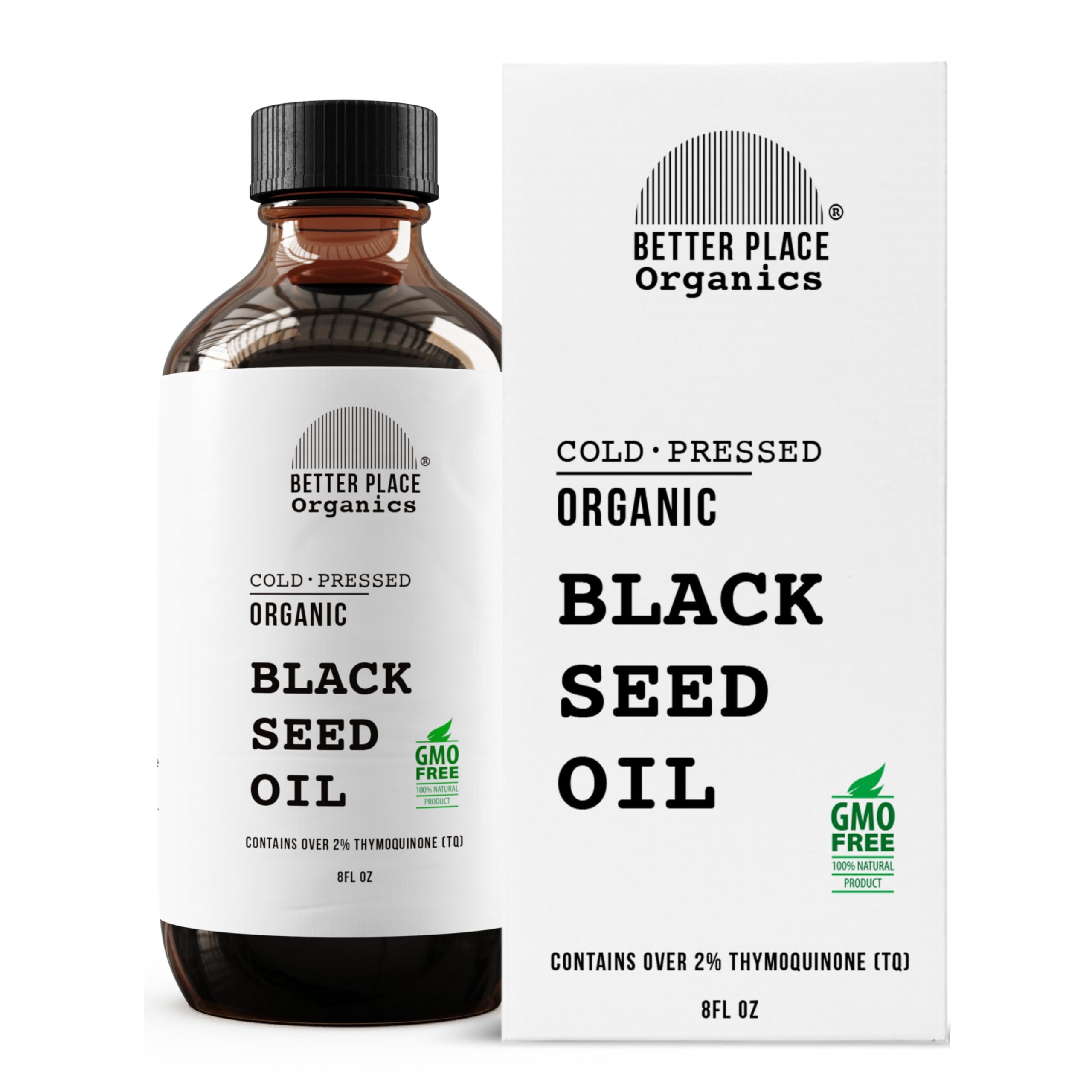 Bottle of Better Place Organics organic black seed oil, cold pressed, 8 oz, used as a natural skin moisturizer.