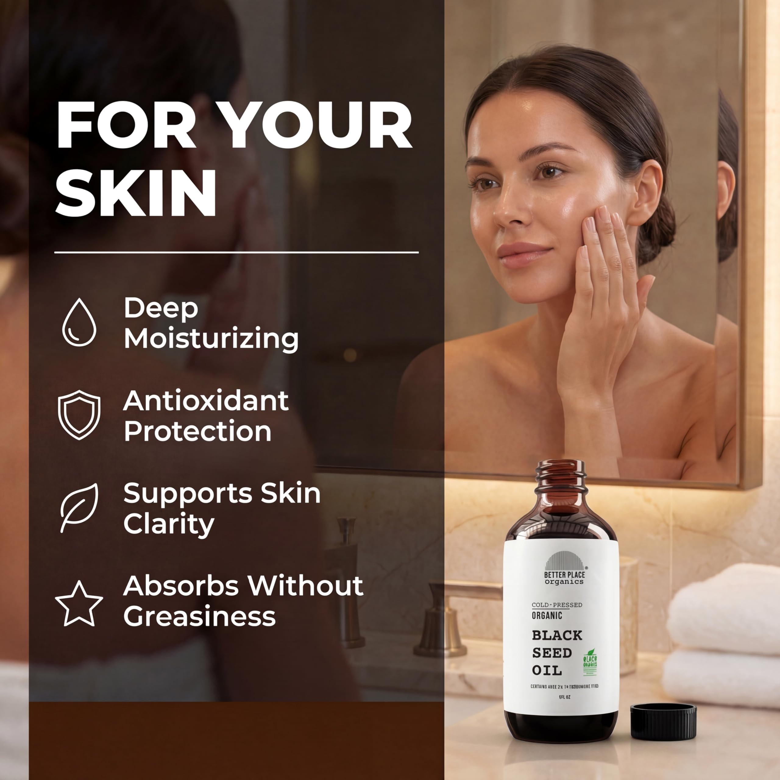 Organic black seed oil moisturizer by Better Place Organics, 8 oz bottle showing a dark glass container with a dropper cap.