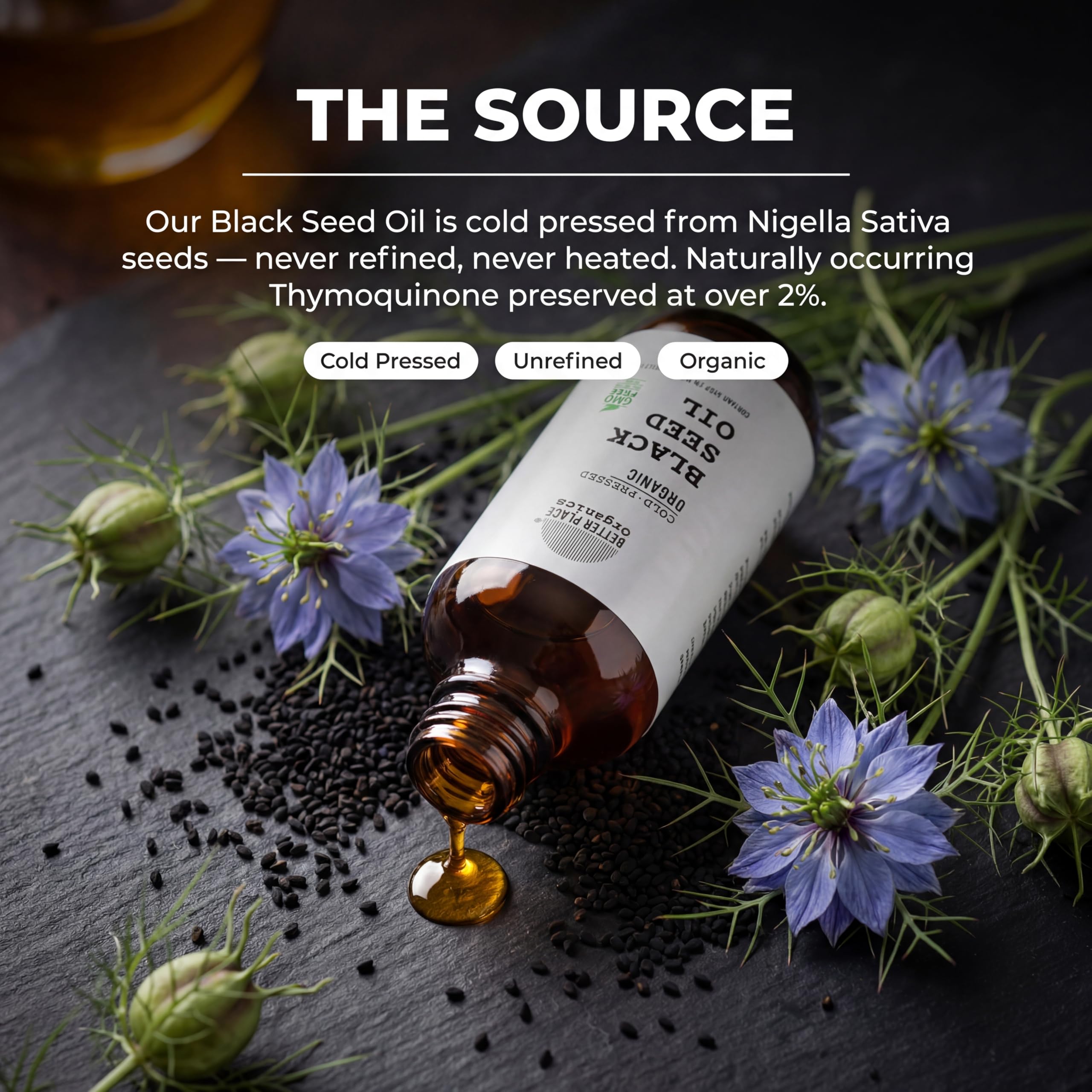 Organic black seed oil moisturizer from Better Place Organics, cold-pressed 8 oz bottle, natural skin nourishing oil.