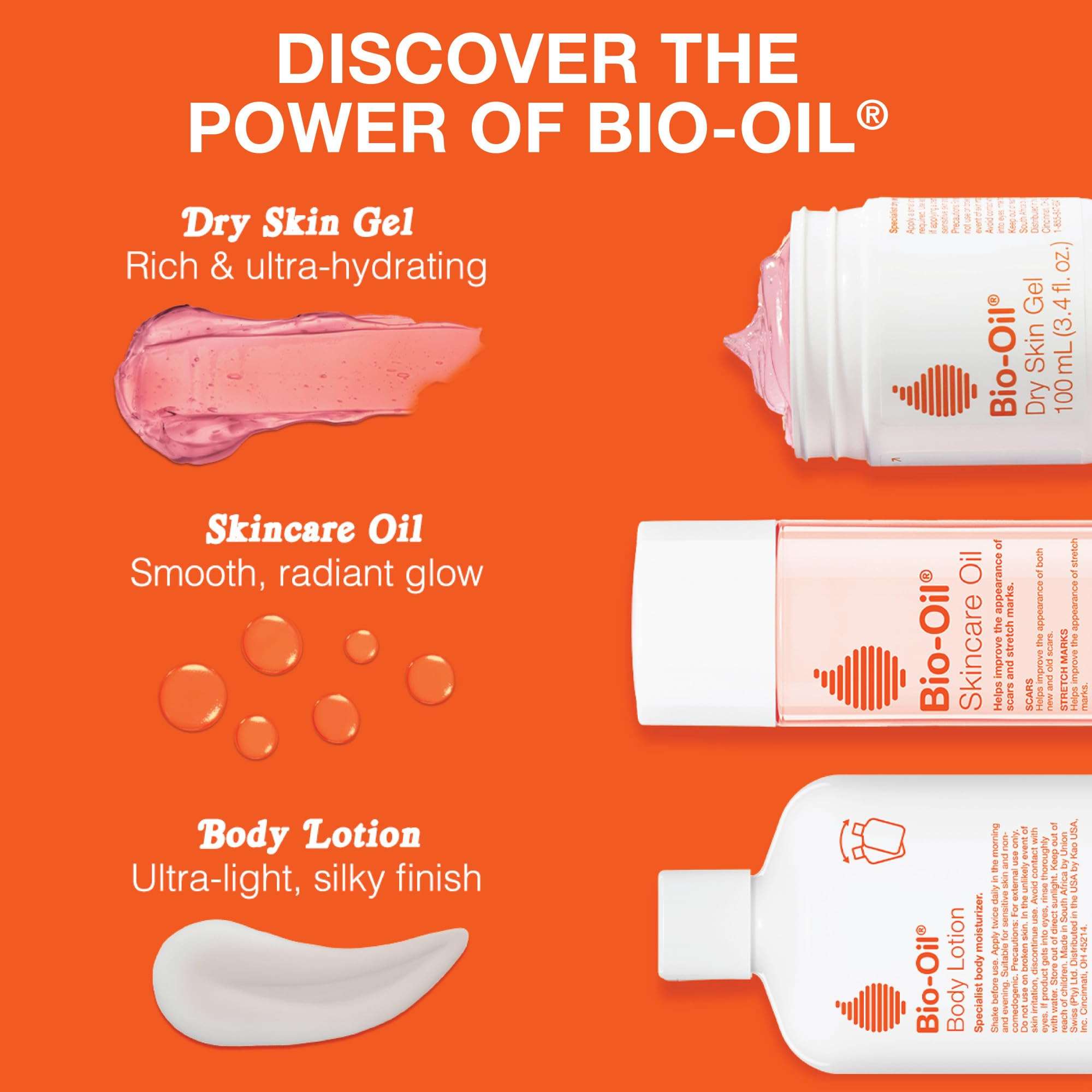 Bio-Oil skincare bundle with three moisturizer bottles for stretch marks and dry skin, featuring Bio-Oil branding and product packaging.