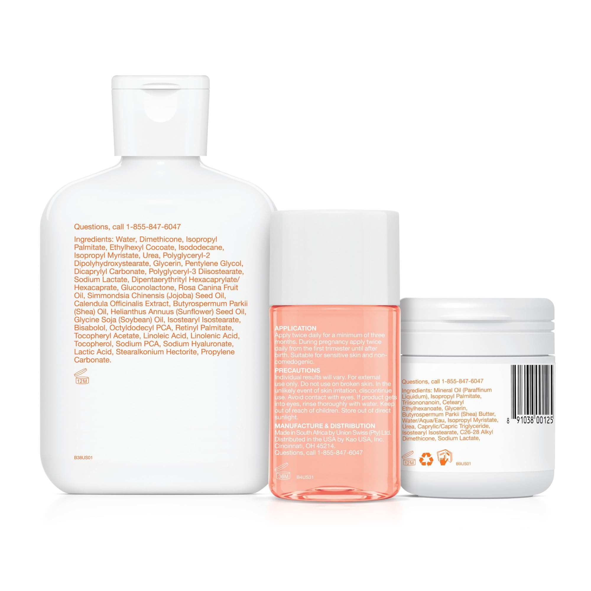 Bio-Oil skincare bundle with three moisturizer bottles for stretch marks and dry skin in a trial kit.