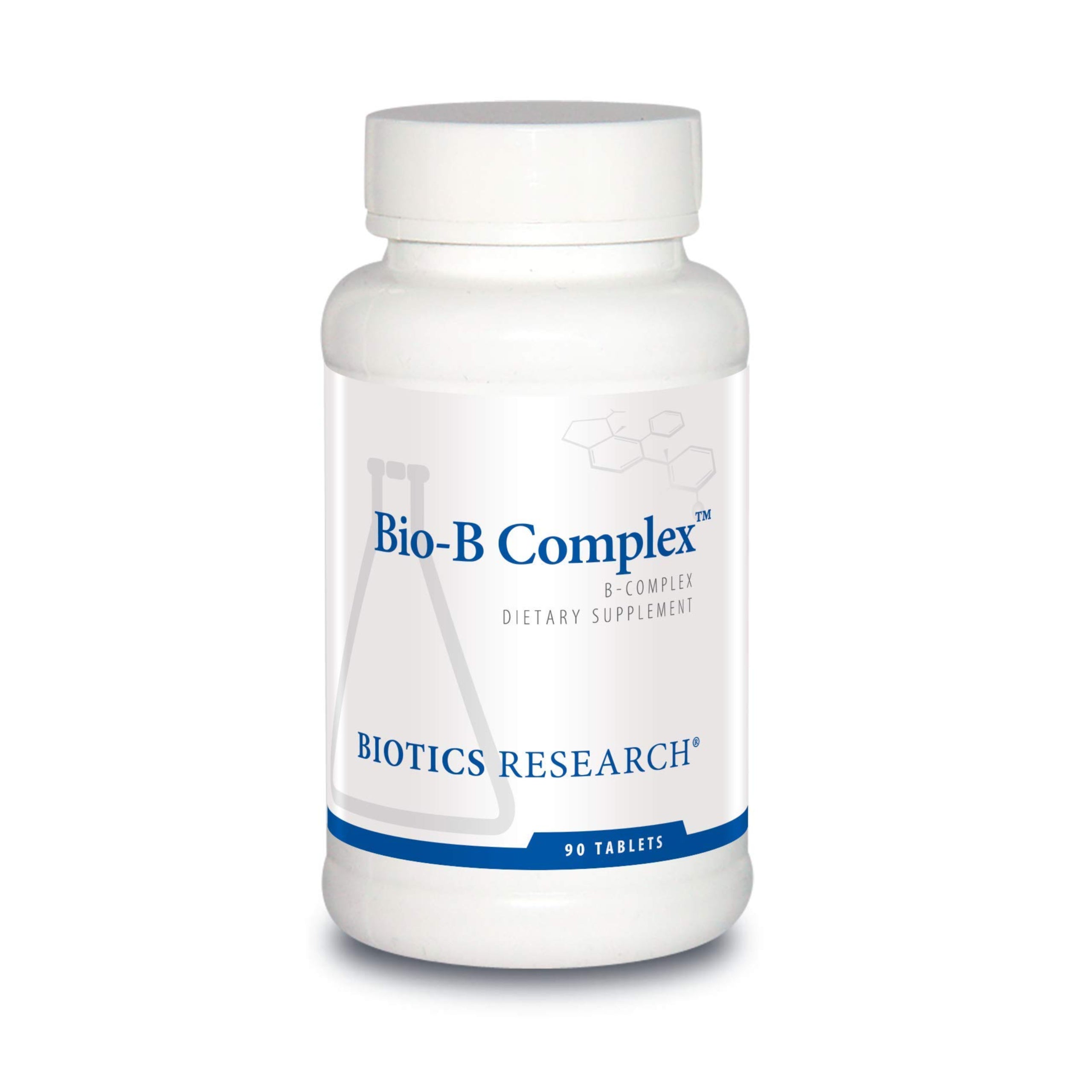 Biotics Research Bio-B Complex High Potency vitamin bottle with 90 tabs, showing the label and supplement details.