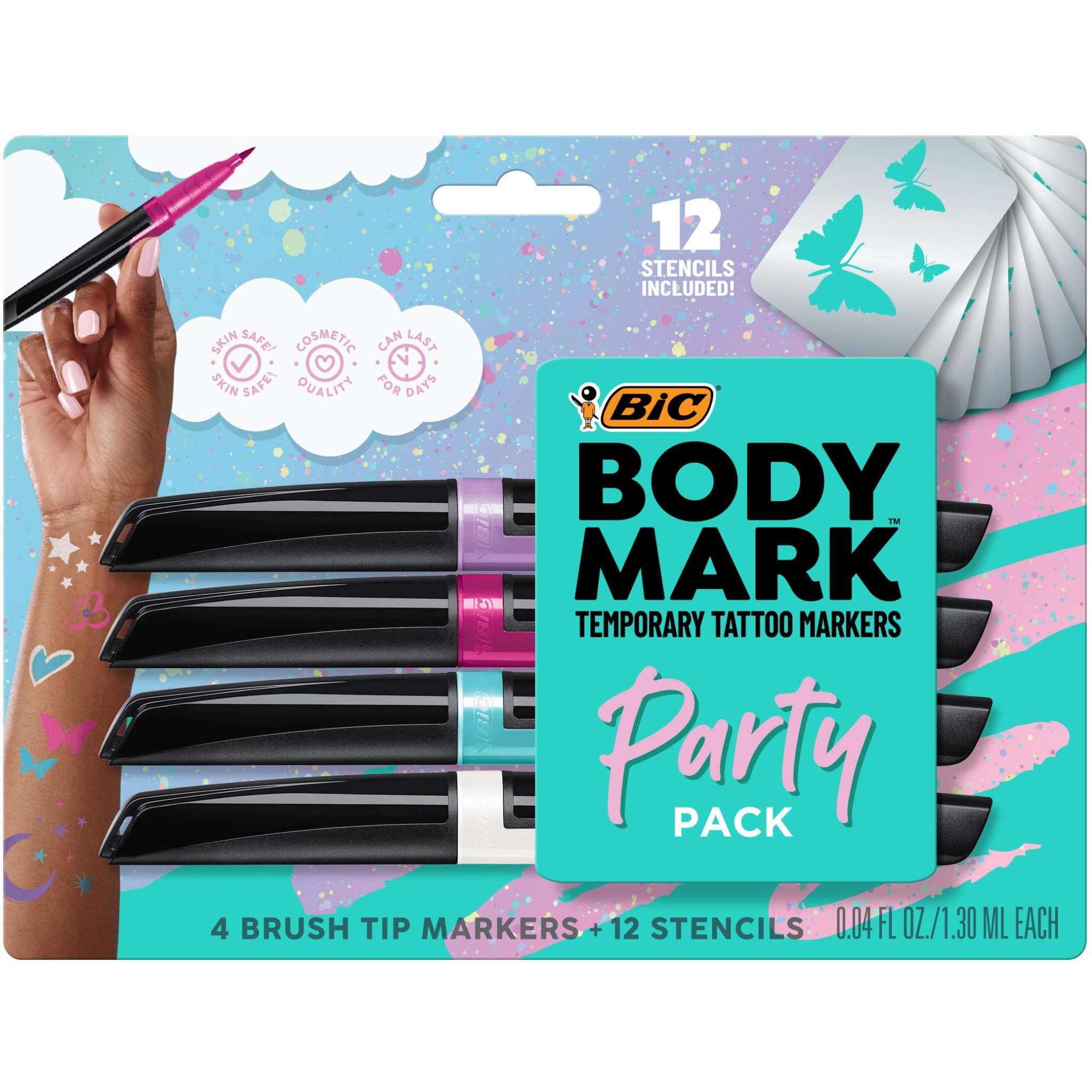 BIC BodyMark Party Pack tattoo markers in pastel colors, 4-pack for body paint and temporary tattoos, by BODYMARK.