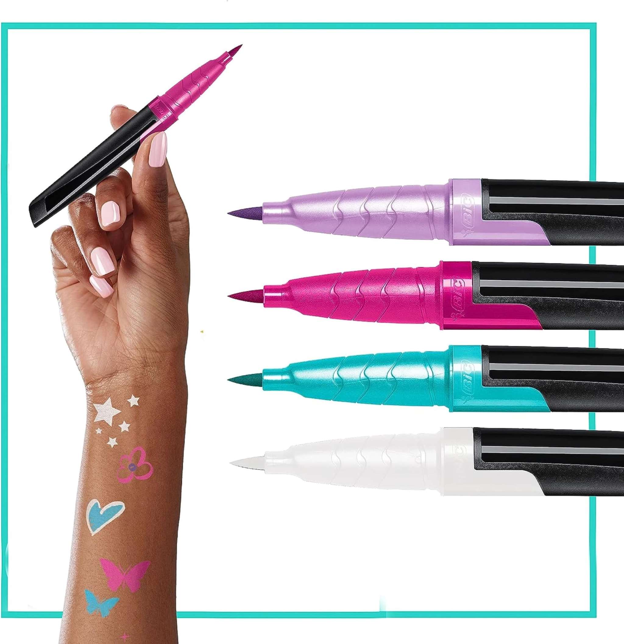 BIC BodyMark Party Pack tattoo markers in pastel colors, 4-pack, for body painting and temporary tattoos.