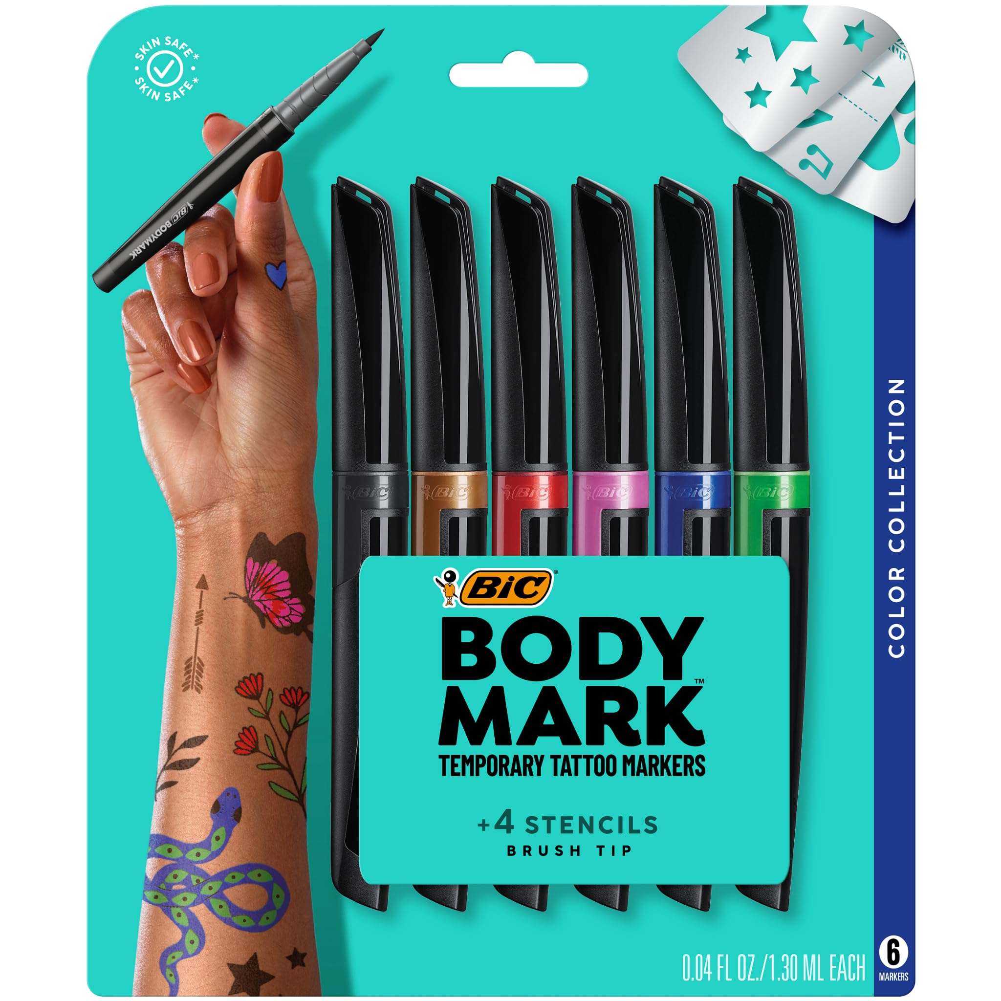 BIC BodyMark temporary tattoo markers with 6 colors and brush tips for creating body art designs.