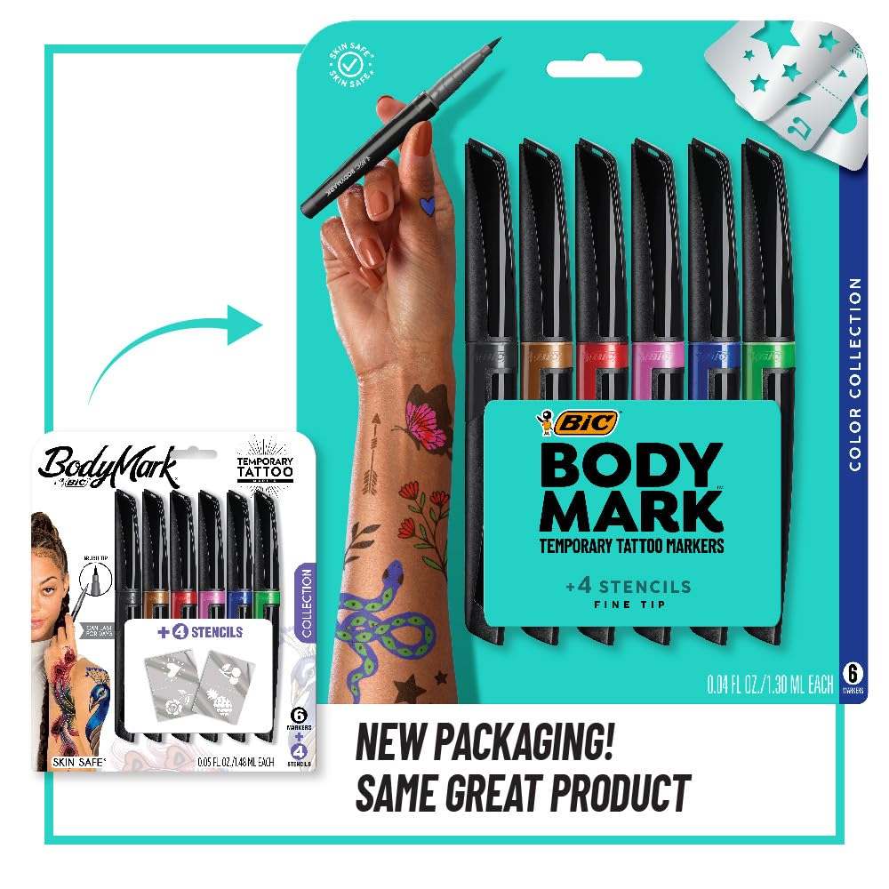 BIC BodyMark temporary tattoo markers with six colors and brush tip for body art and skin marking.