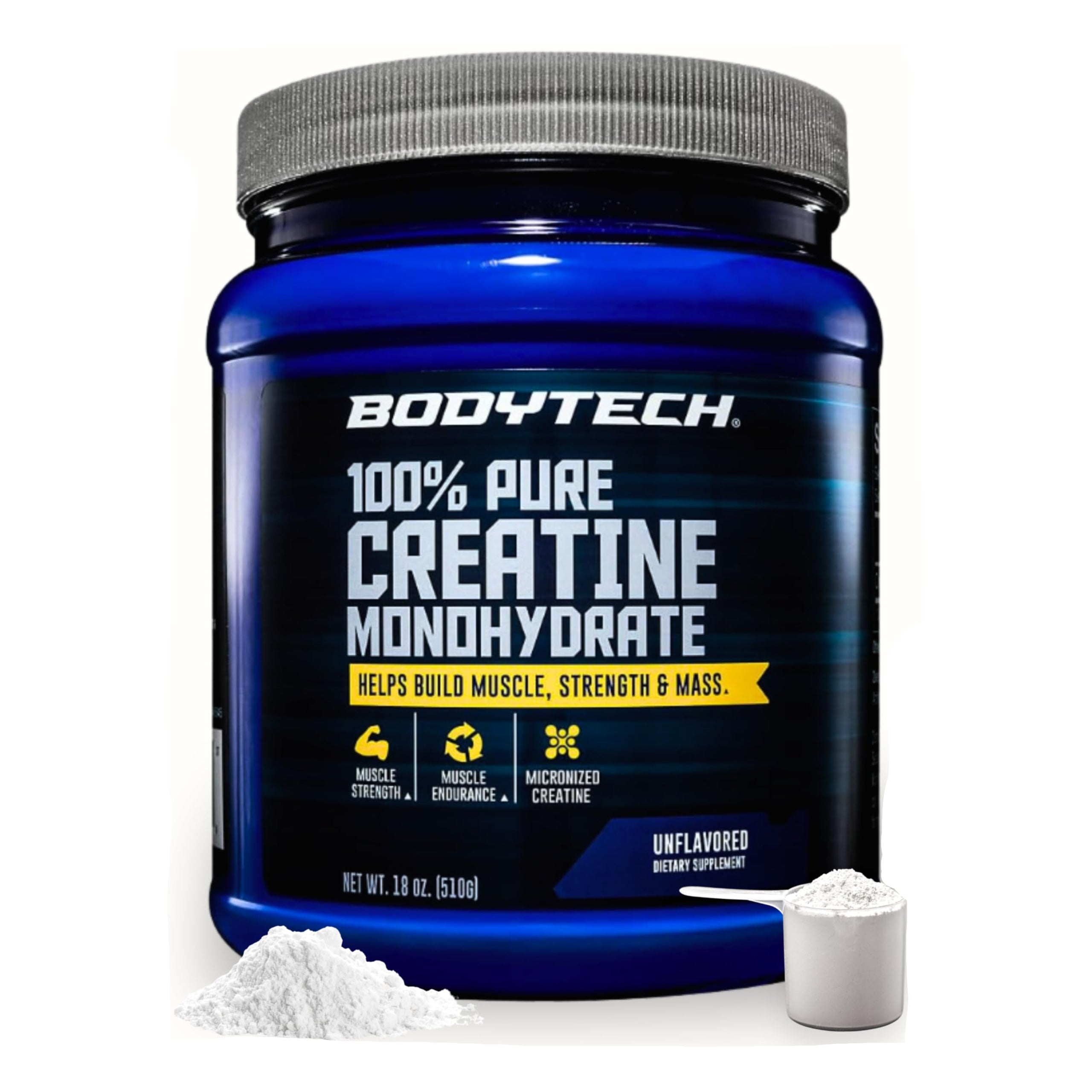 BodyTech Creatine Monohydrate powder in unflavored 18oz container, showing the supplement's packaging and product label.