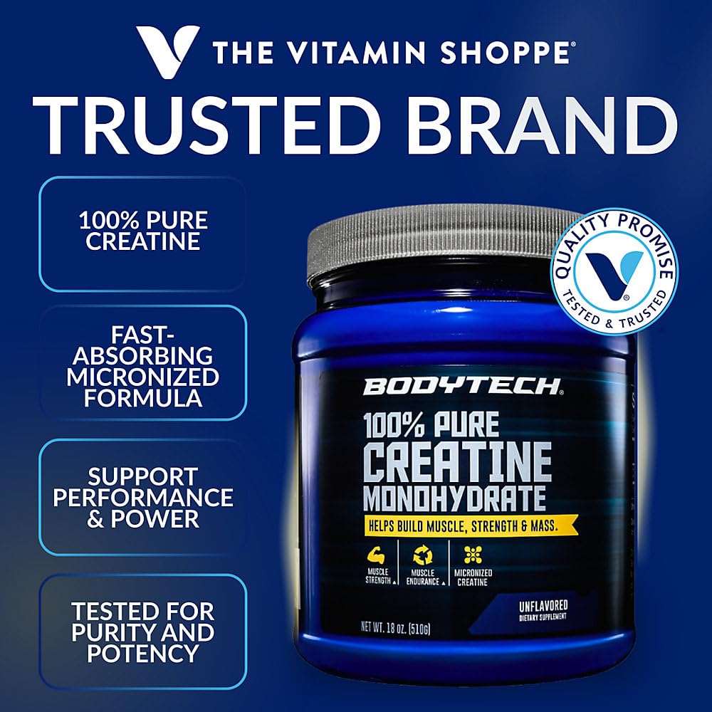 BodyTech Creatine Monohydrate powder in a clear container, unflavored, 18oz, used as a nutritional supplement for muscle support.