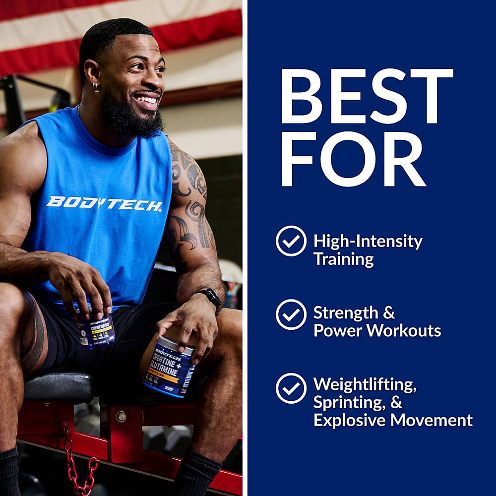 BodyTech Creatine Monohydrate Powder in unflavored form, 18oz container, showing the supplement powder in a clear jar.