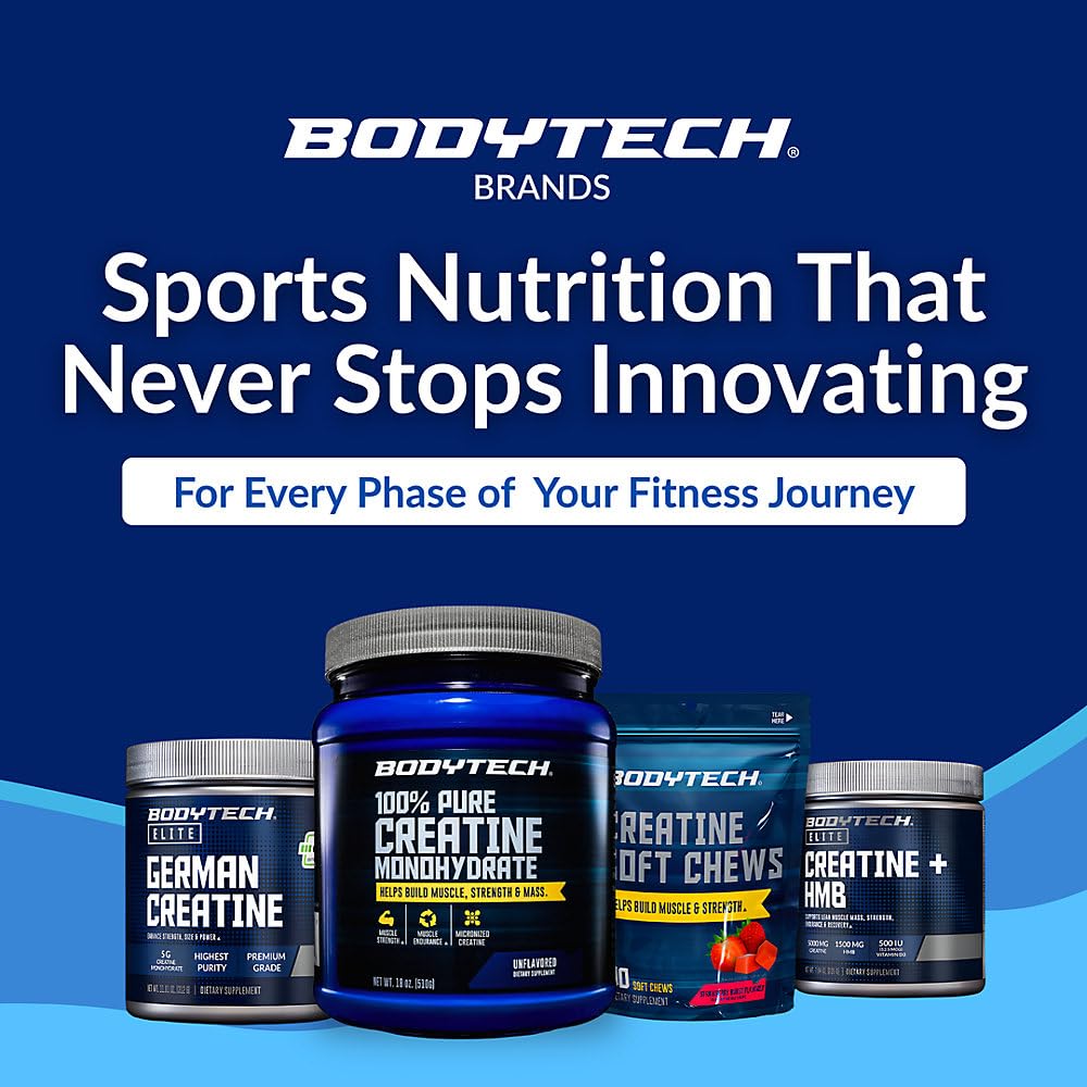 BodyTech Creatine Monohydrate Powder in unflavored 18oz container, showing the supplement's label and powder inside.