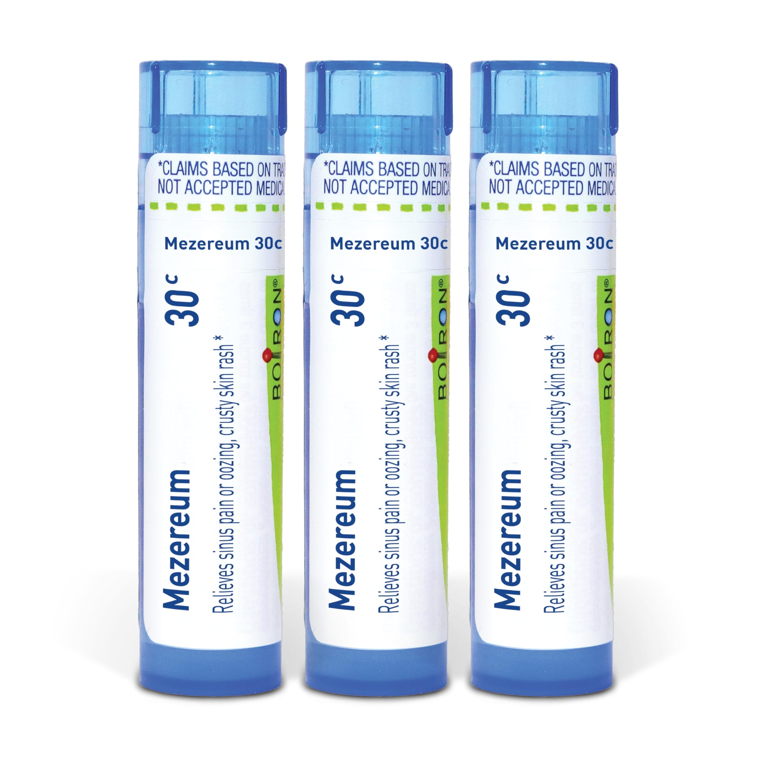 Boiron Mezereum 30C homeopathic remedy for sinus and skin relief, shown in a small glass vial with label.