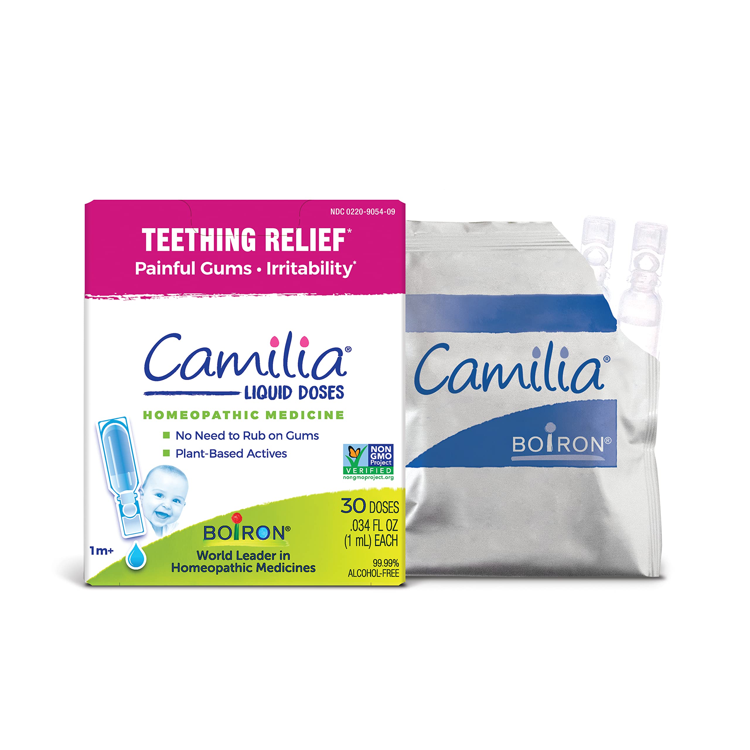 Boiron Camilia Baby Teething Drops medication bottle with 30 count, natural relief for teething discomfort in infants.