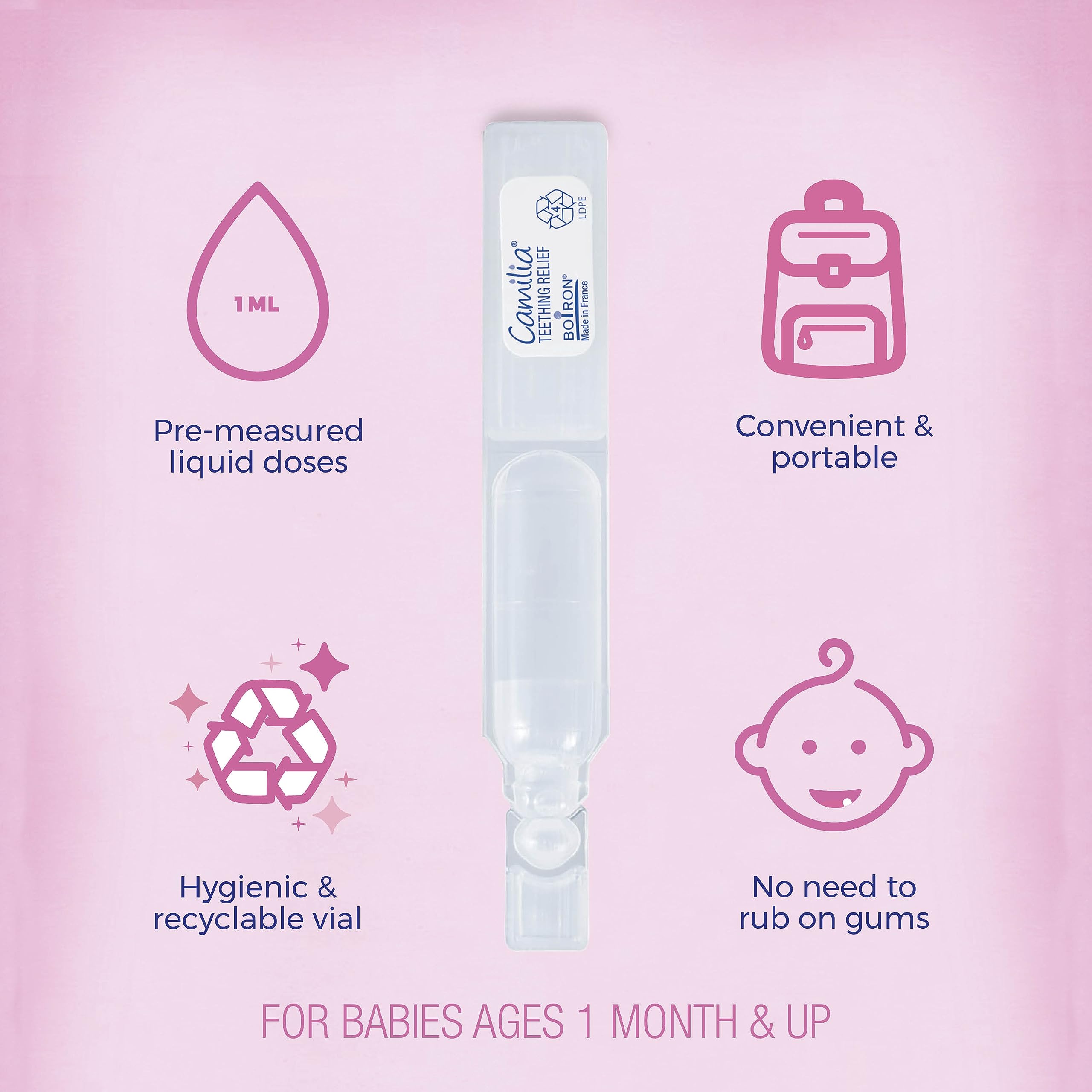 Boiron Camilia Baby Teething Drops medication bottle with 30-count package for soothing teething discomfort in infants