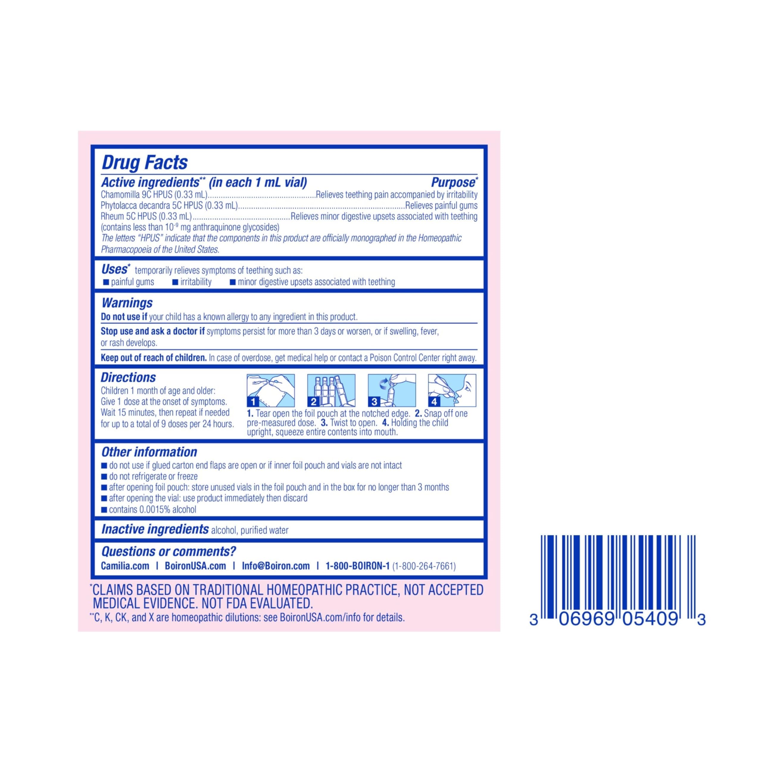 Boiron Camilia Baby Teething Drops medication bottle with 30-count packaging for soothing teething discomfort in infants.