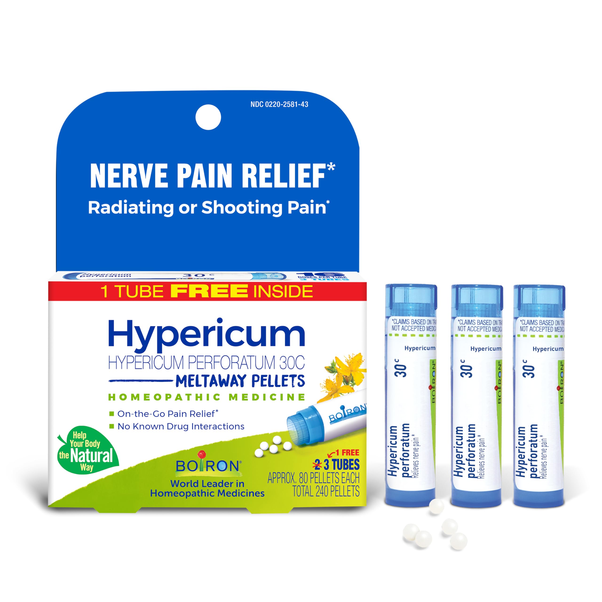 Boiron Hypericum 30C nerve pain relief pellets in a 3-pack, homeopathic medication for nerve discomfort and pain management.