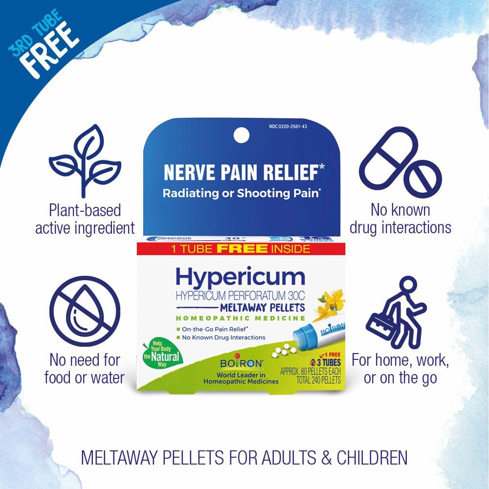 Boiron Hypericum 30C nerve pain relief pellets in a 3-pack, homeopathic medication for nerve pain relief.
