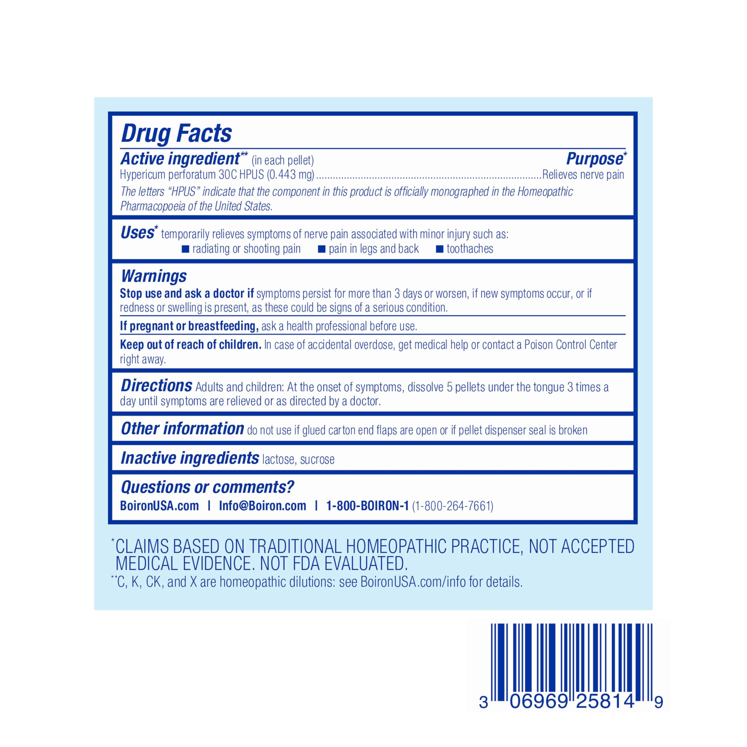 Boiron Hypericum 30C nerve pain relief pellets in a 3-pack, natural homeopathic medication for nerve discomfort with small pellet form