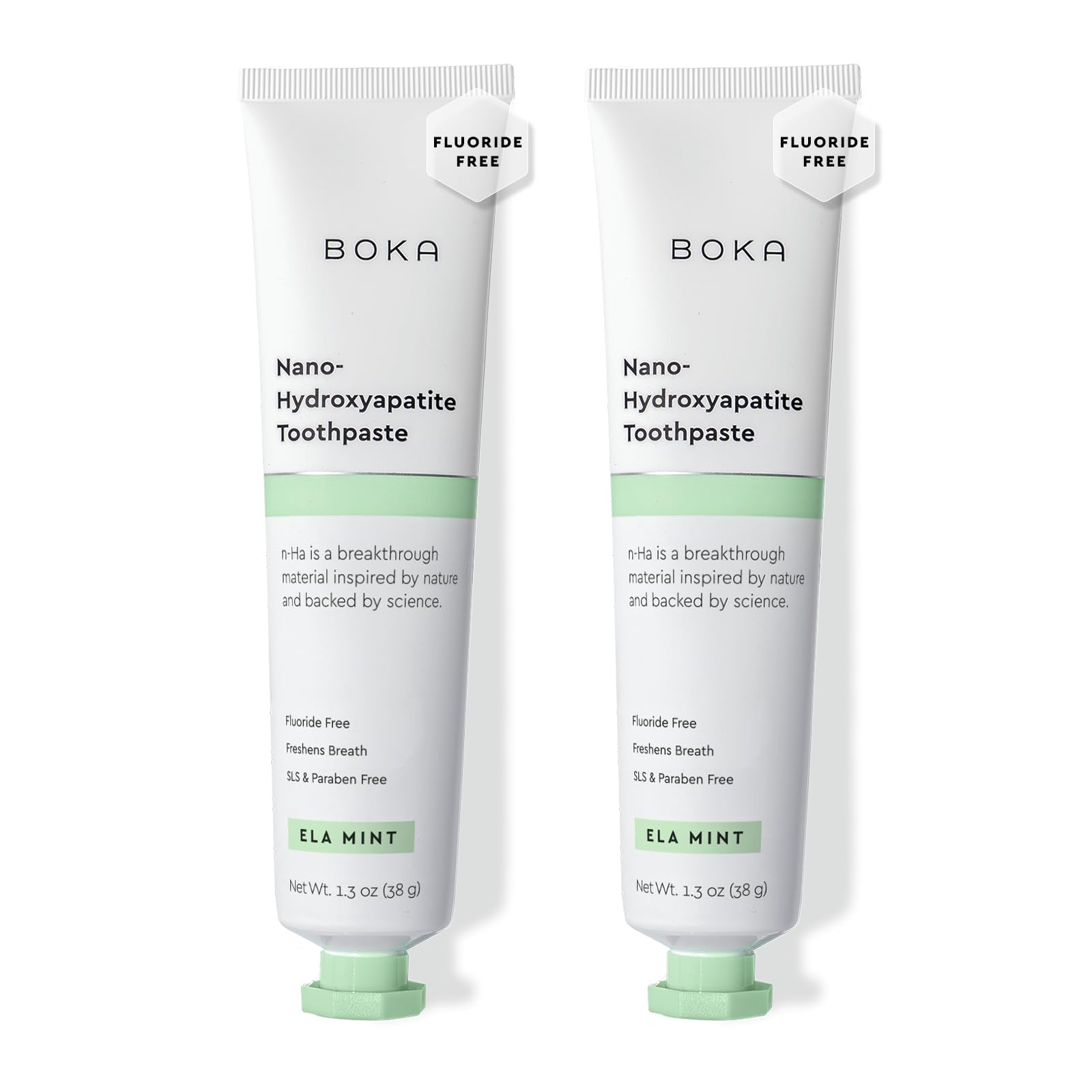 Boka Nano Hydroxyapatite Toothpaste Ela Mint 2-pack, natural tooth cleaning agent with mint flavor and sleek packaging design.