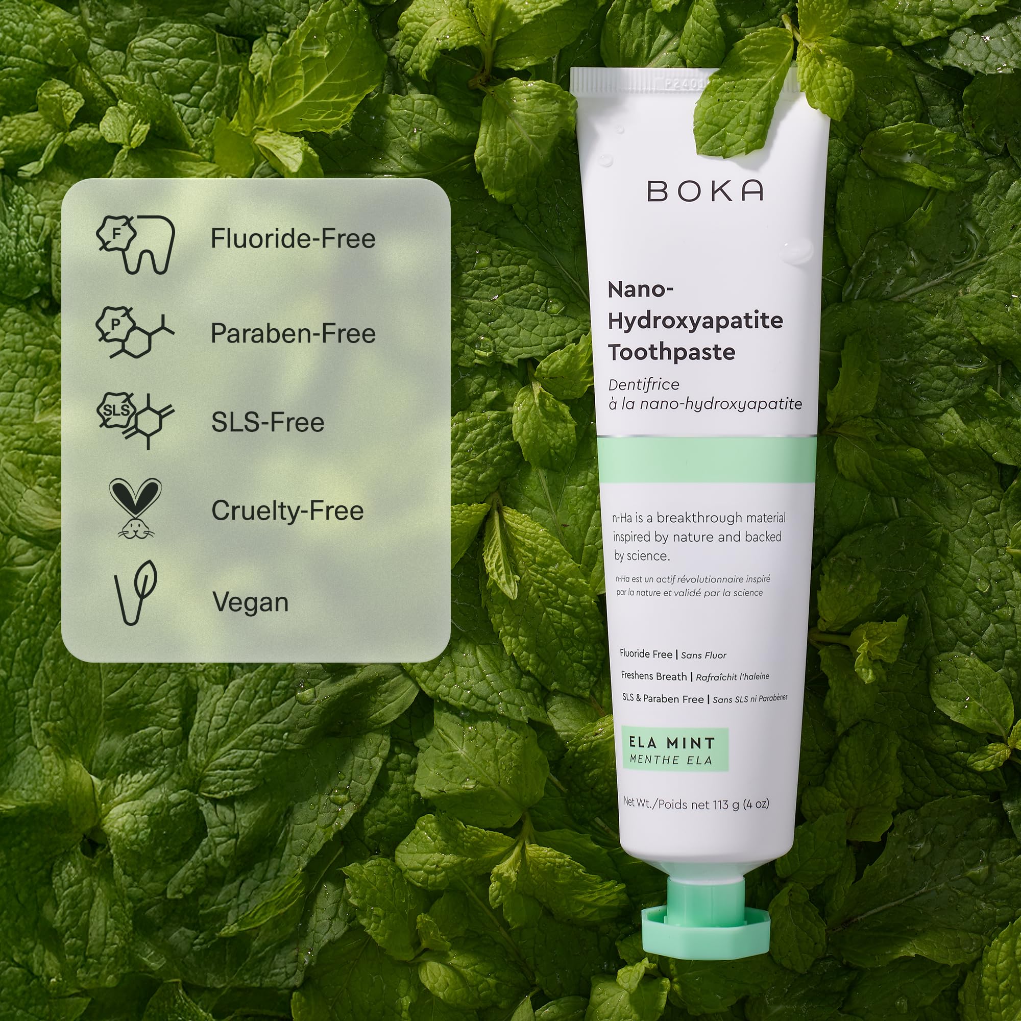 Boka Nano Hydroxyapatite Toothpaste Ela Mint 2-pack, natural tooth cleaning agent with mint flavor, in a dual-pack container.