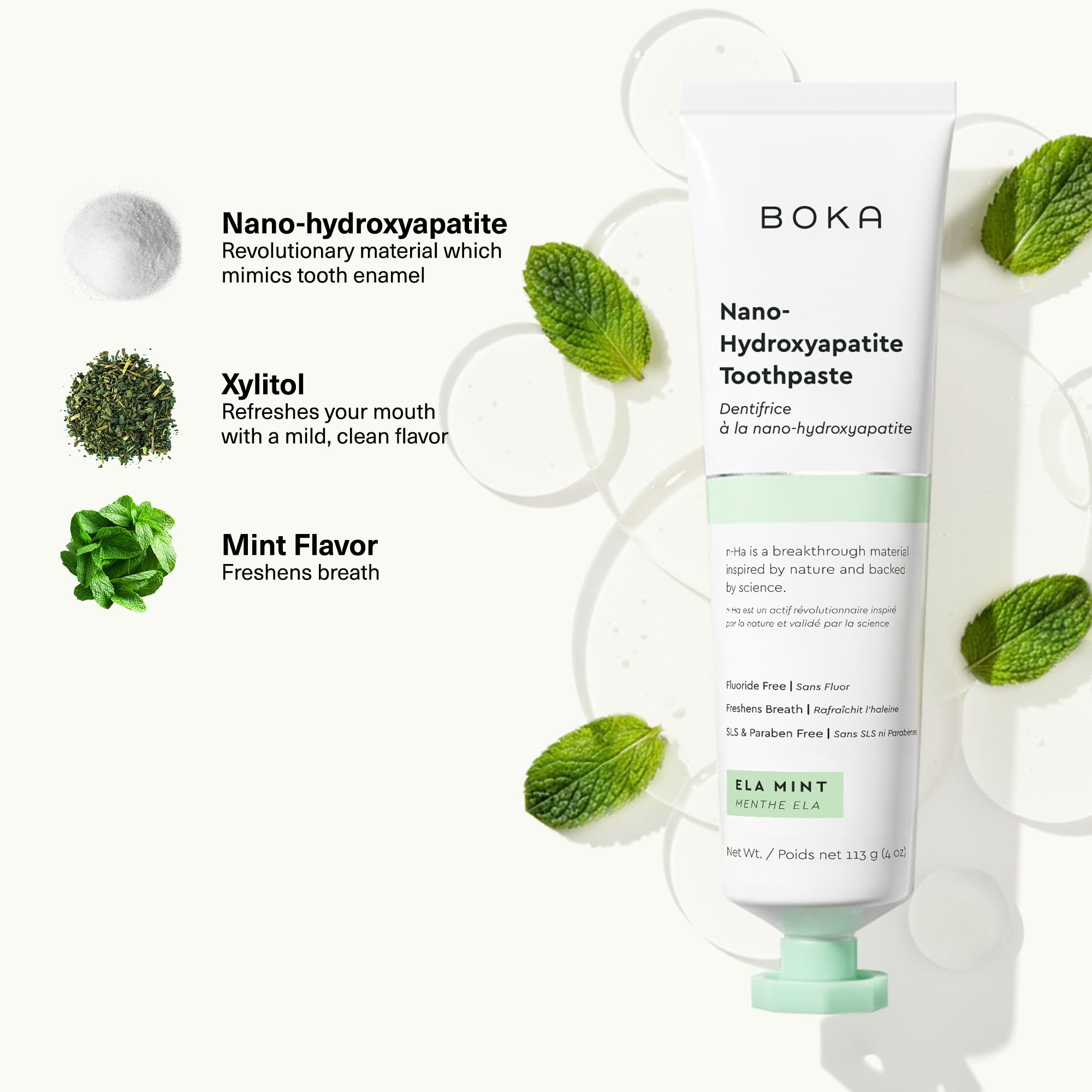 Boka Nano Hydroxyapatite Toothpaste Ela Mint 2-pack, natural teeth cleaning agent with mint flavor, in tube packaging.